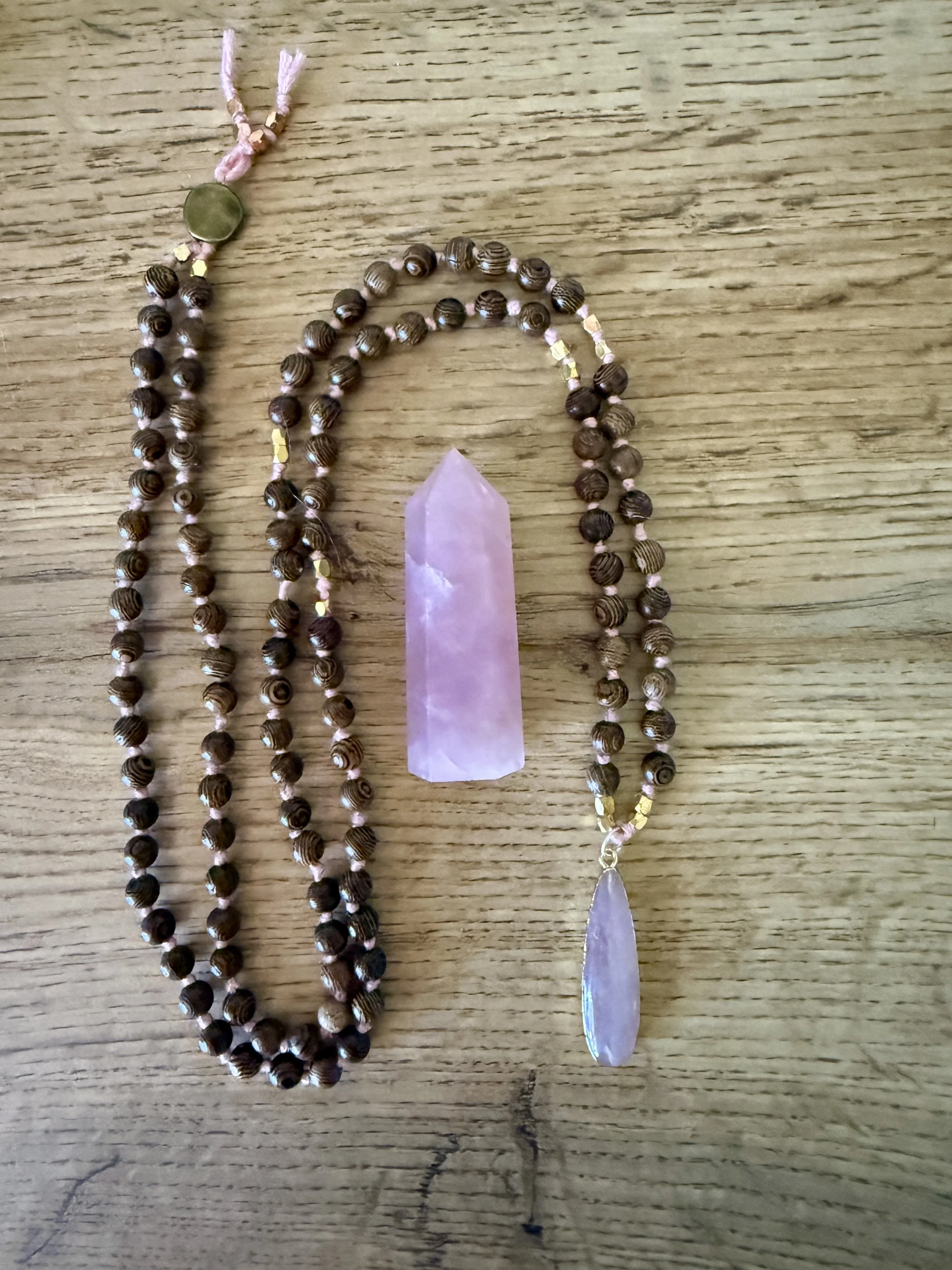 wood beads rose quartz teardrop pendant.jpg