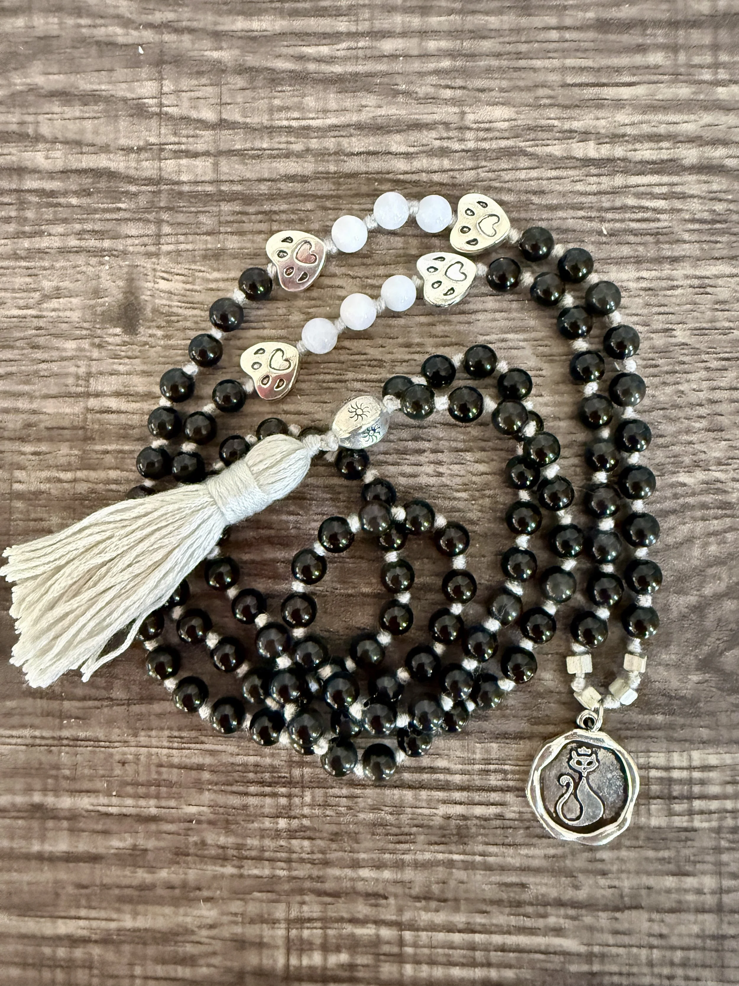 Obsidian beads silver cat pendant.jpg