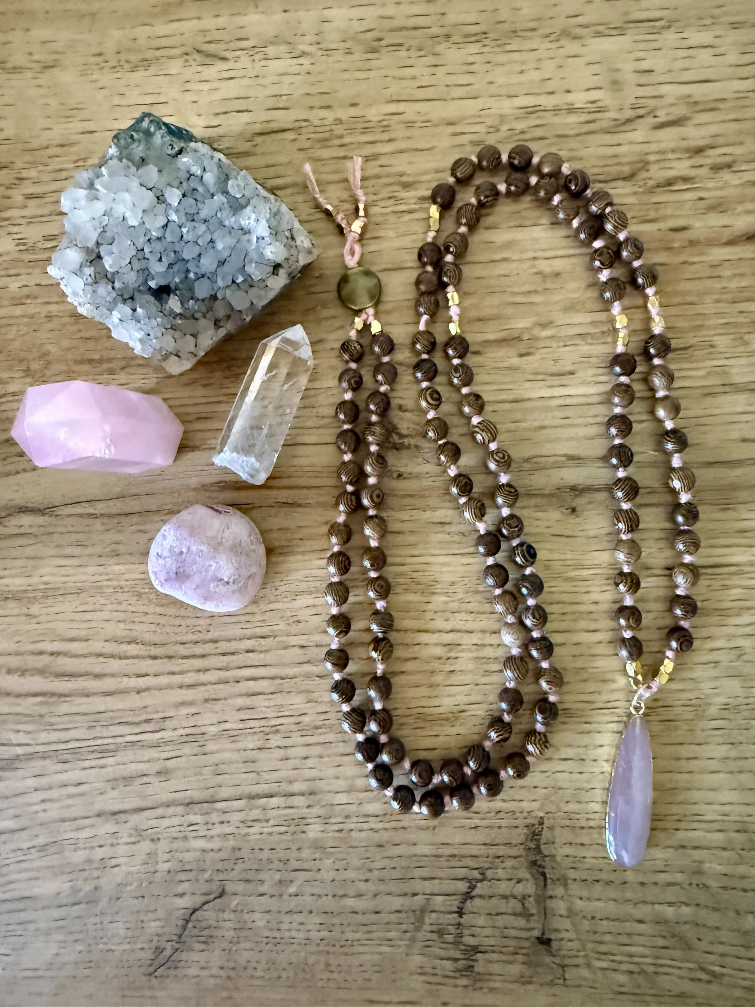 wood beads rose quartz teardrop pendant 1.jpg