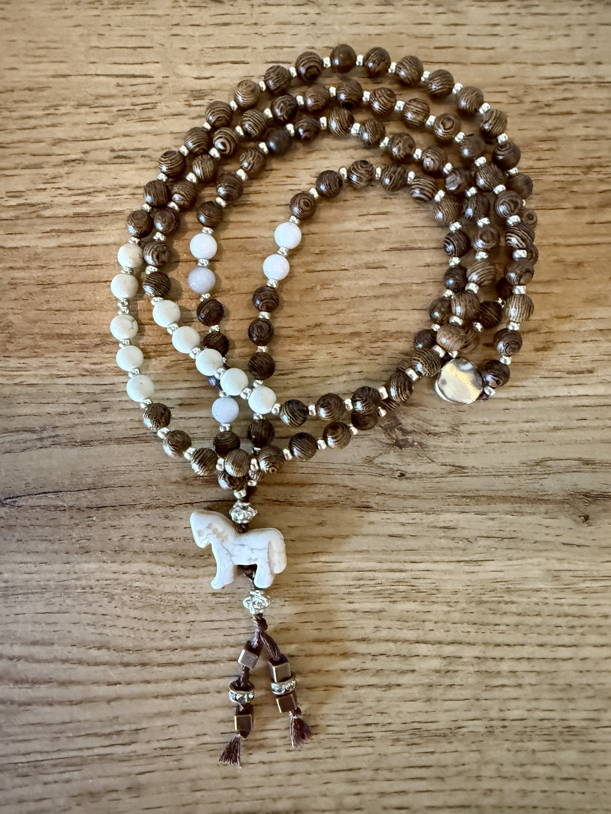wood beads white jade magnesite horse pendant.jpg