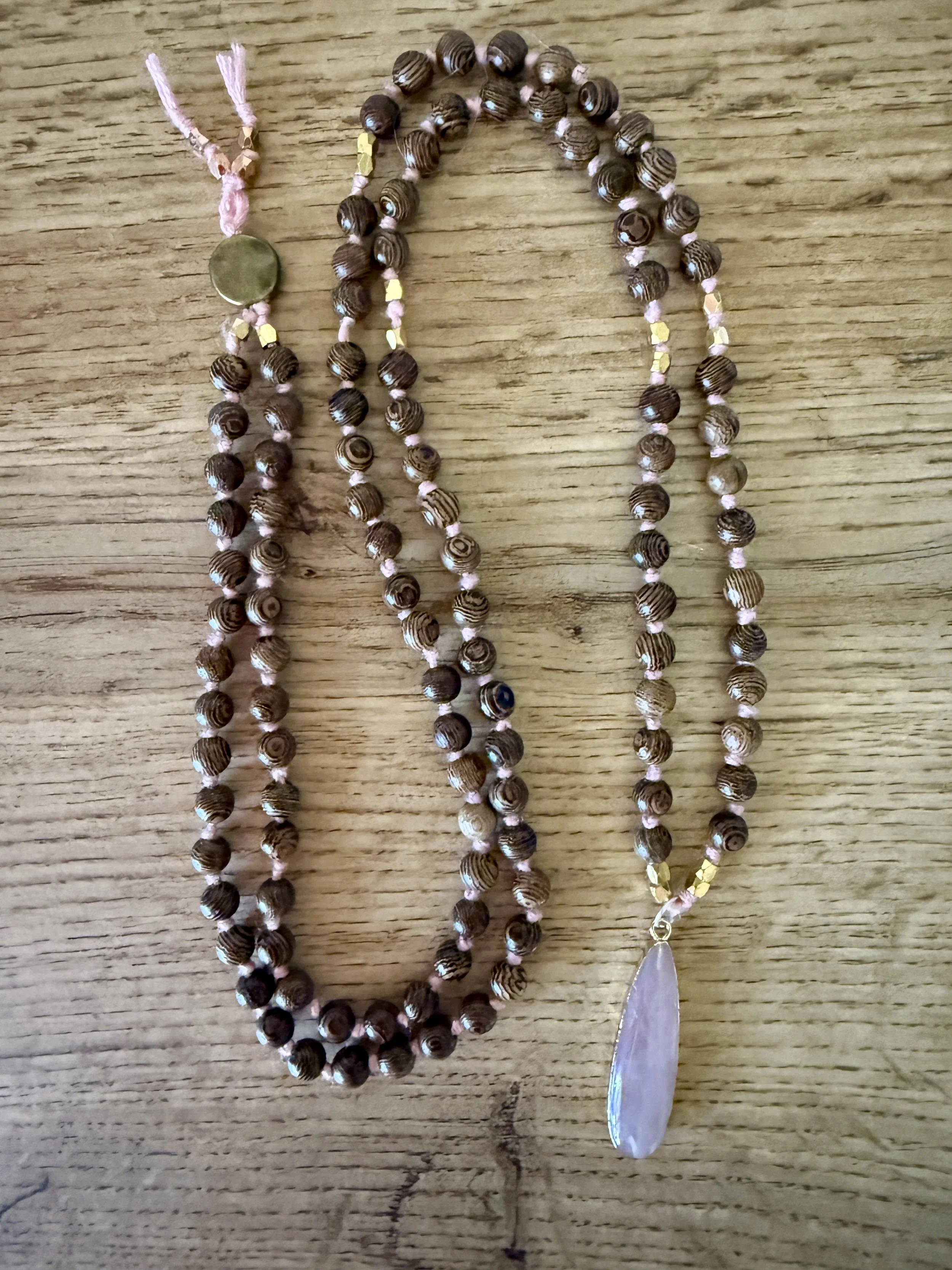 wood beads rose quartz teardrop pendant 2.jpg