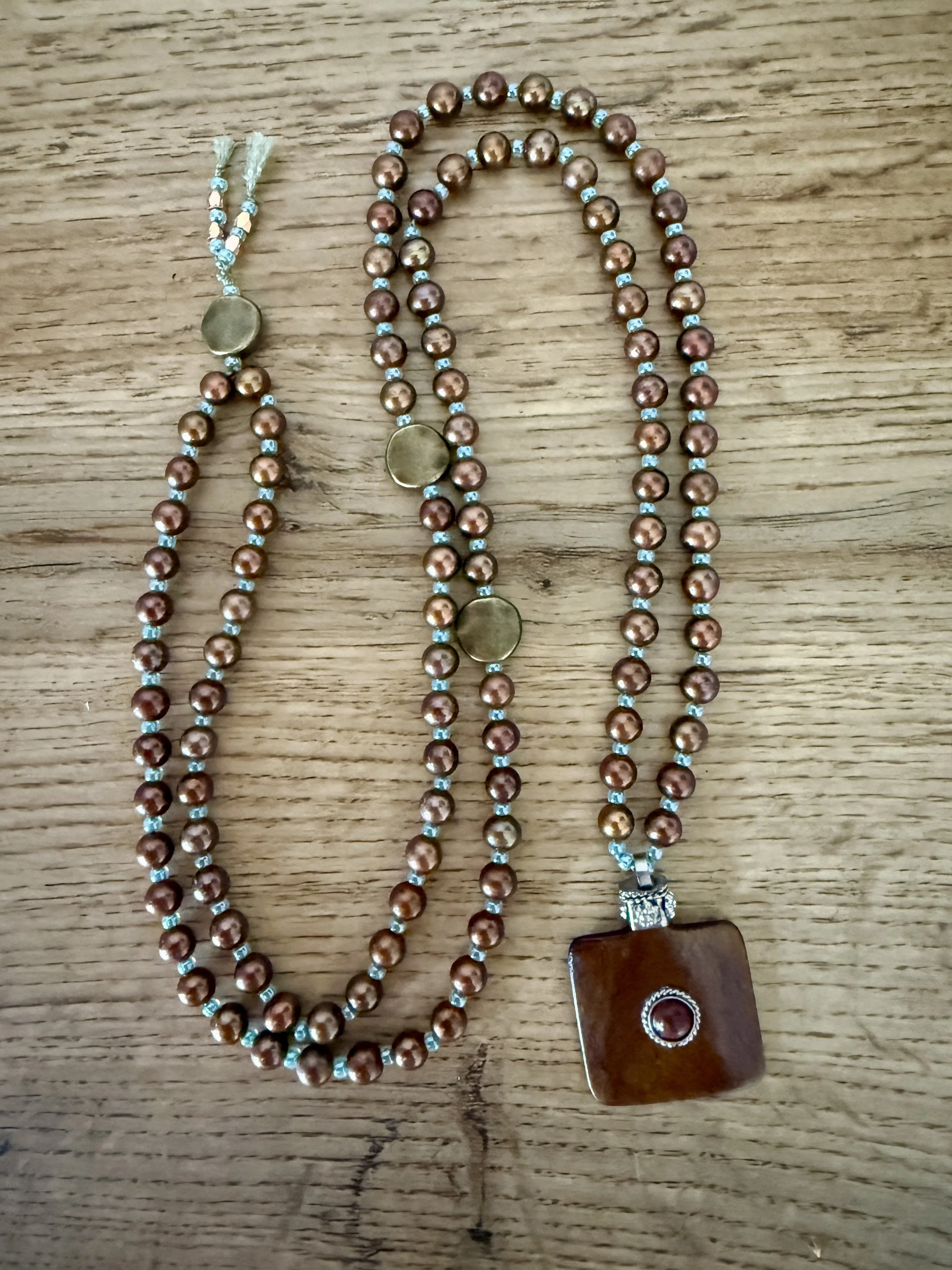 gold beads blue spacer tibetan pendant.jpg