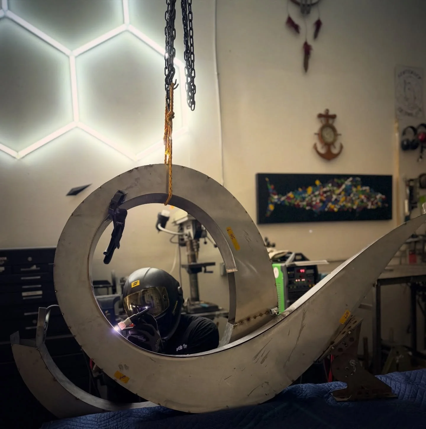 Orbit- element 1 of 3 almost fully tacked together. This is my largest stainless work yet as they will all be joined together like Voltron to make one massive astral inspired work. 

Title- Orbit 
Dimensions- Final work will stand 8&rsquo;ft to 10&rs