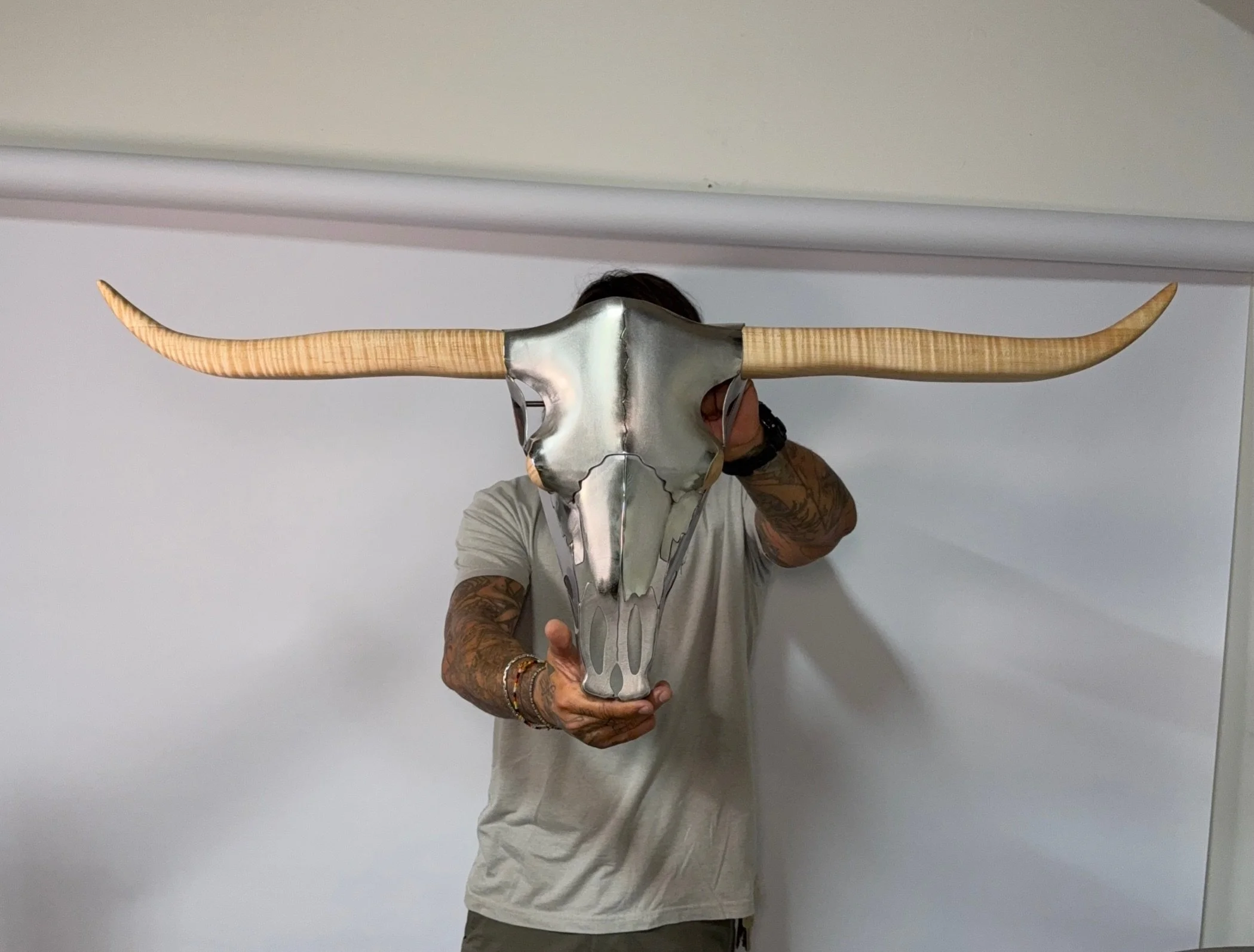 Mess with the bull, You get the horns&hellip; Curly Maple horns that is. My first mixed media work in quite sometime. 

Title- Dreamer 
Measurements- 43&rdquo;x17&rdquo;x7&rdquo; 
Materials- Cold forged stainless steel, curly maple

#sculptureartist 