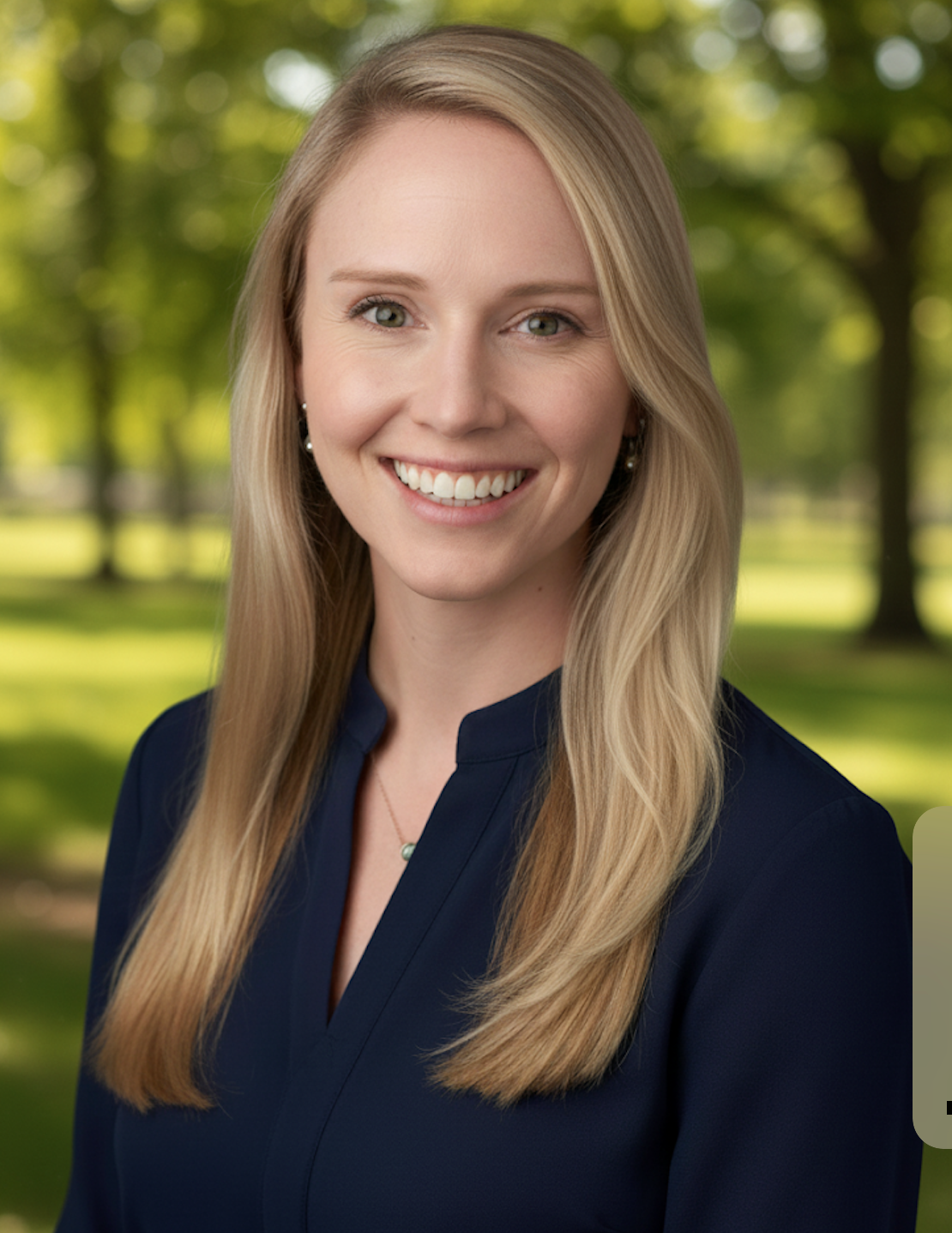 A smiling woman with long blonde hair and blue eyes, wearing a navy blue top, outdoors with a background of green trees and grass.