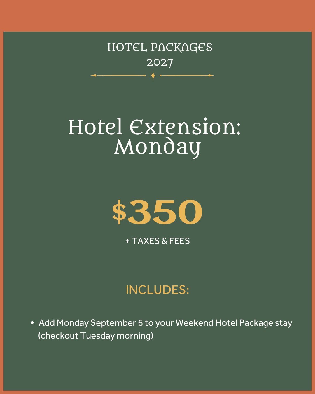 Monday hotel package extension with pricing and package details