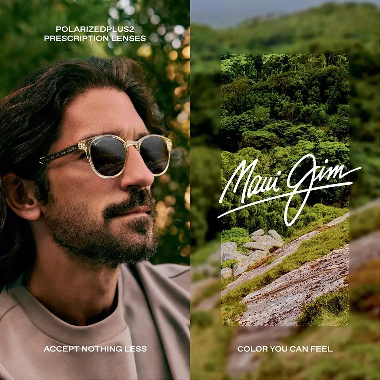 A man wearing sunglasses outdoors with a forest background, advertising Maui Jim sunglasses and prescription lenses.