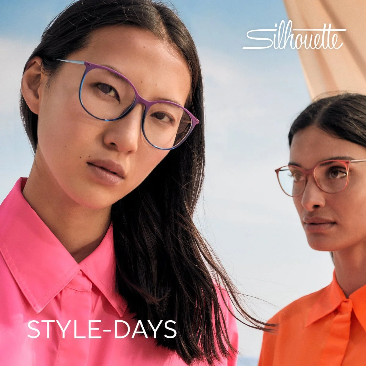 Two women wearing colorful glasses and bright shirts, standing outdoors with a blue sky background. The brand name 'Silhouette' is in the top right corner, and the text 'STYLE-DAYS' is at the bottom.