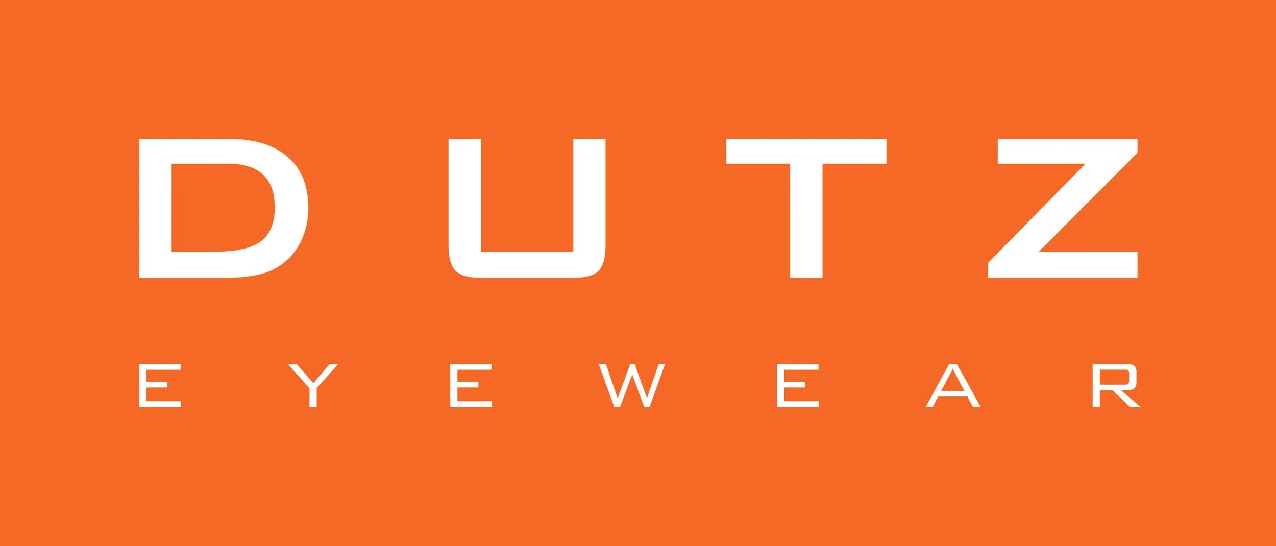 Bright orange background with the word 'DUTZ' in large white letters at the top and the words 'EYEWEAR' in smaller white letters below.