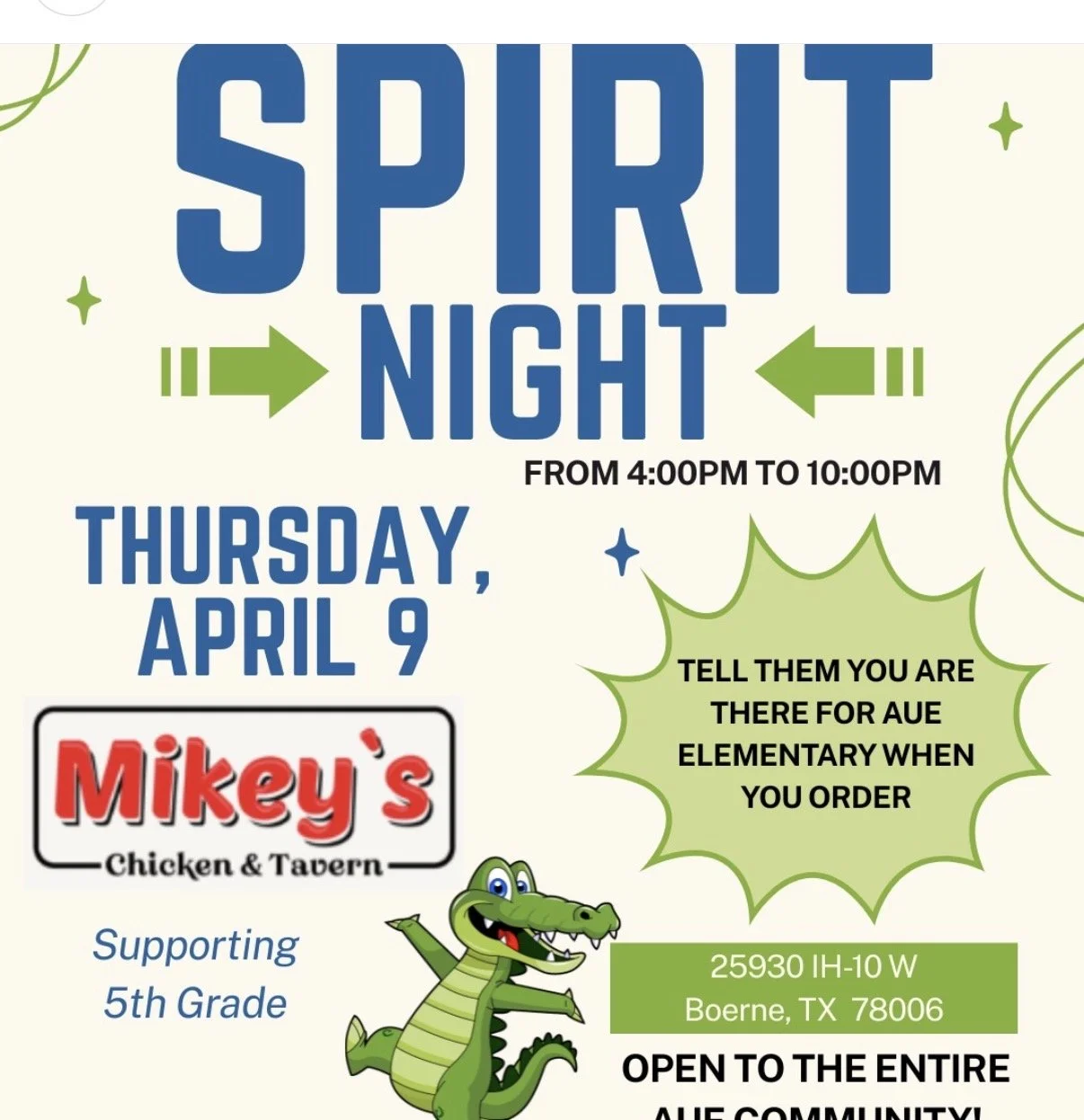 Aue Elementary Spirit Night at Mikey’s Chicken &amp; Tavern