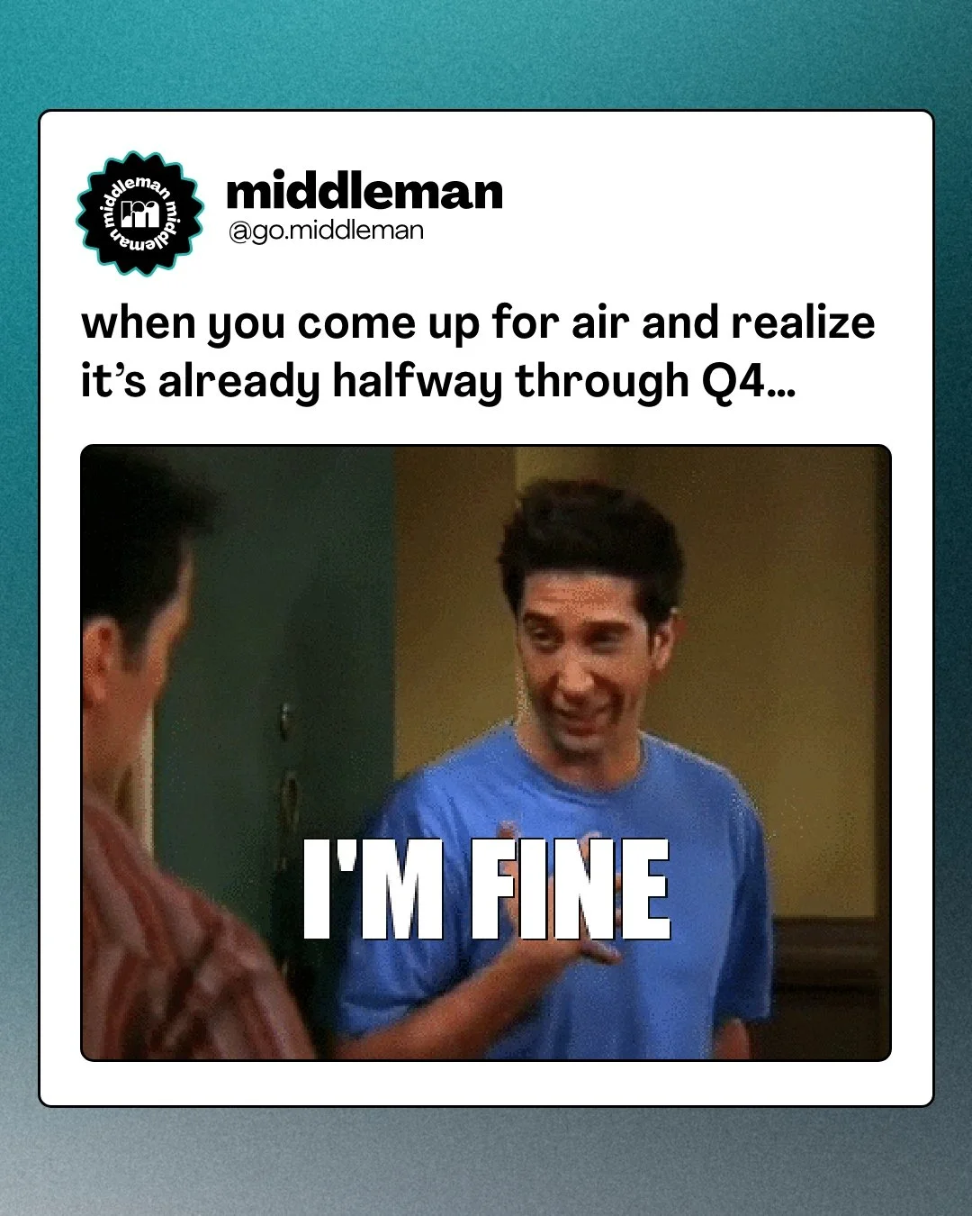 TBH, this post was supposed to happen in November. 🥴 Anyone else feeling a bit of the holiday craziness? 

#gomiddleman #marketingagency #emailmarketing #cpgindustry