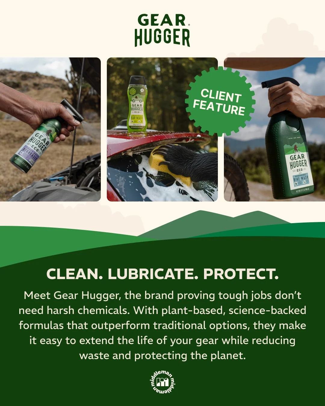 Say hello to Gear Hugger 🌿
Tough on grime, not on people. Plant-based formulas designed to replace harsh chemicals and keep your gear out of the landfill.

Excited to partner with their team and bring their mission to life in the inbox.