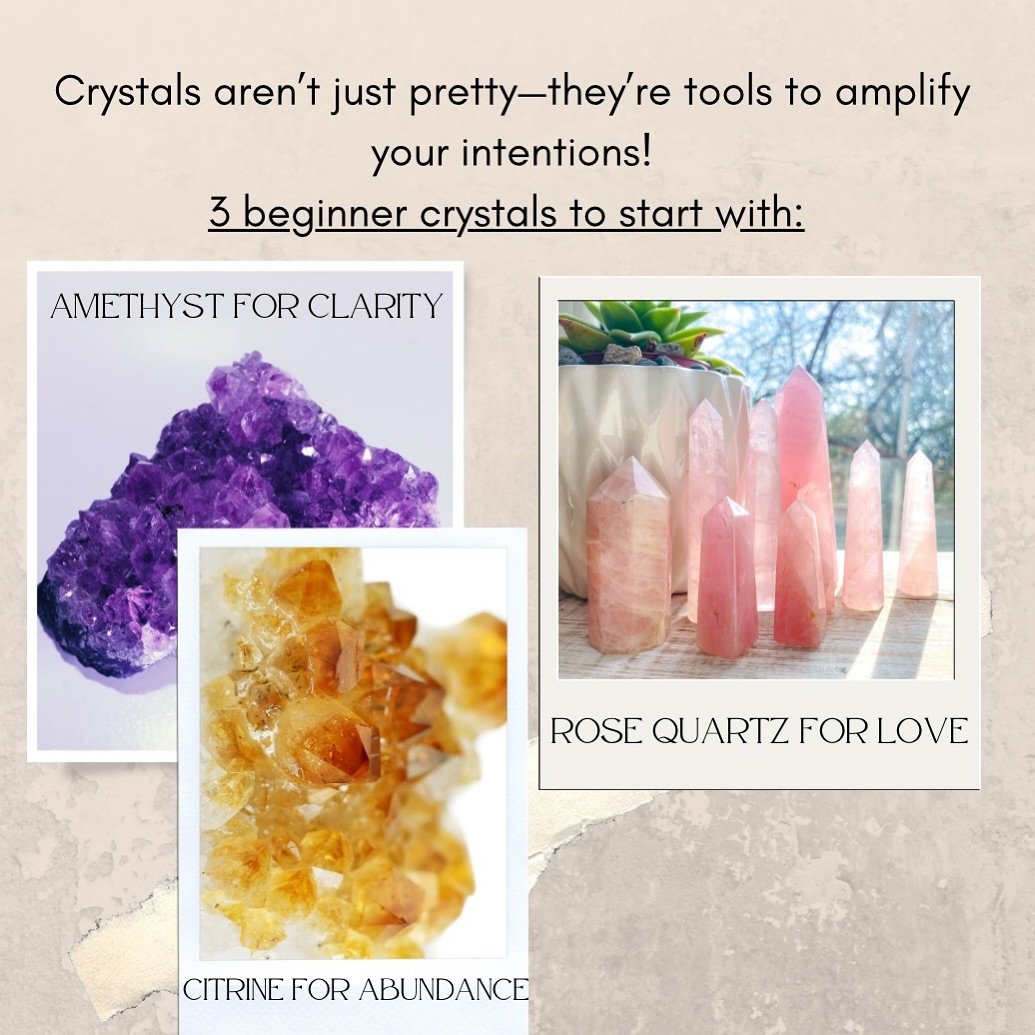 Crystals AMPLIFY your INTENTIONS! 📣 

3 for beginners bc they&rsquo;re easy to work with and versatile 💫 

1 &bull; Amethyst &bull; clarity 💜 
2 &bull; Rose Quartz &bull; love 💗 
3 &bull; Citrine &bull; abundance 💛 

Do you have any of these cry