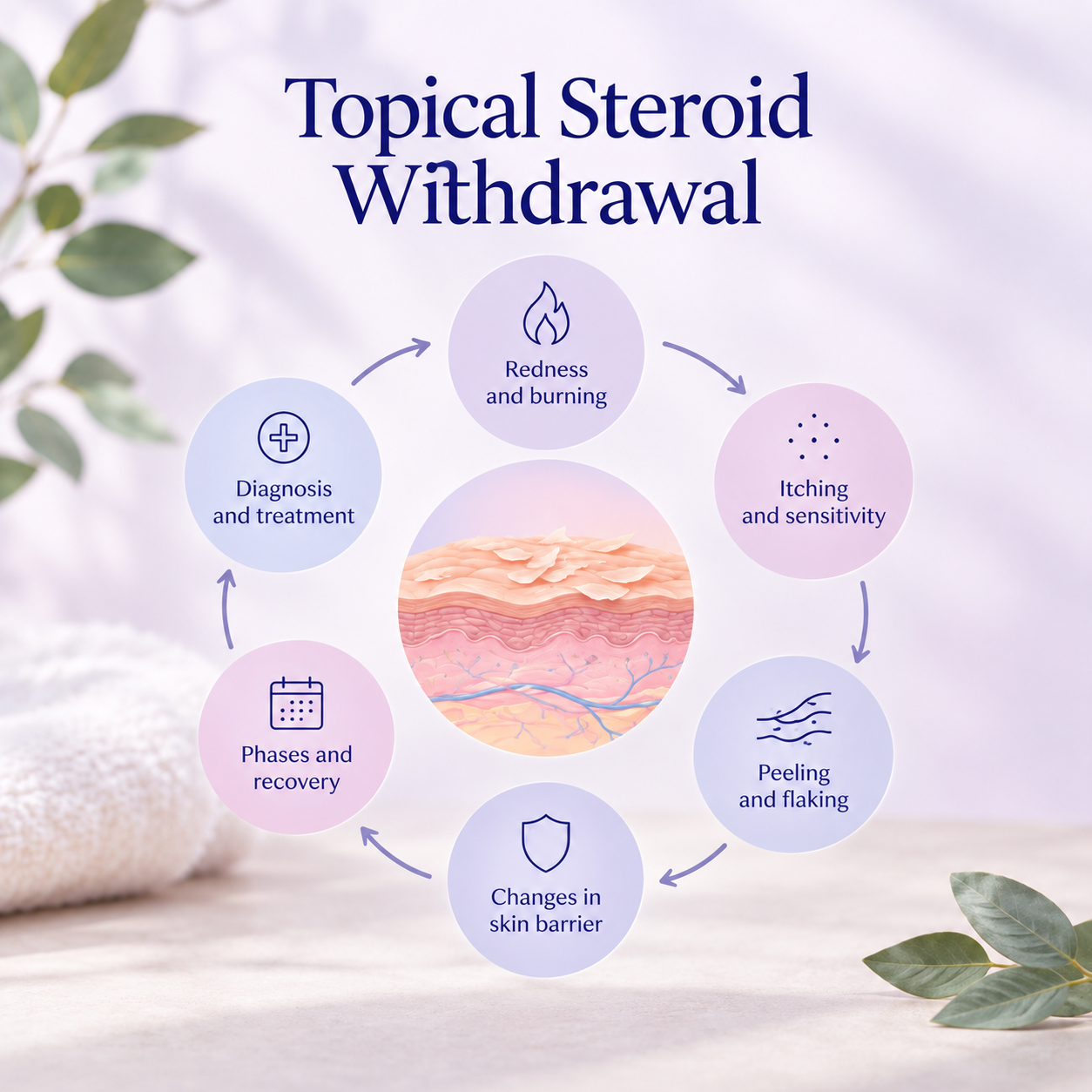 Topical steroid withdrawal symptoms and skin barrier changes, including redness, burning, itching, peeling and sensitivity.