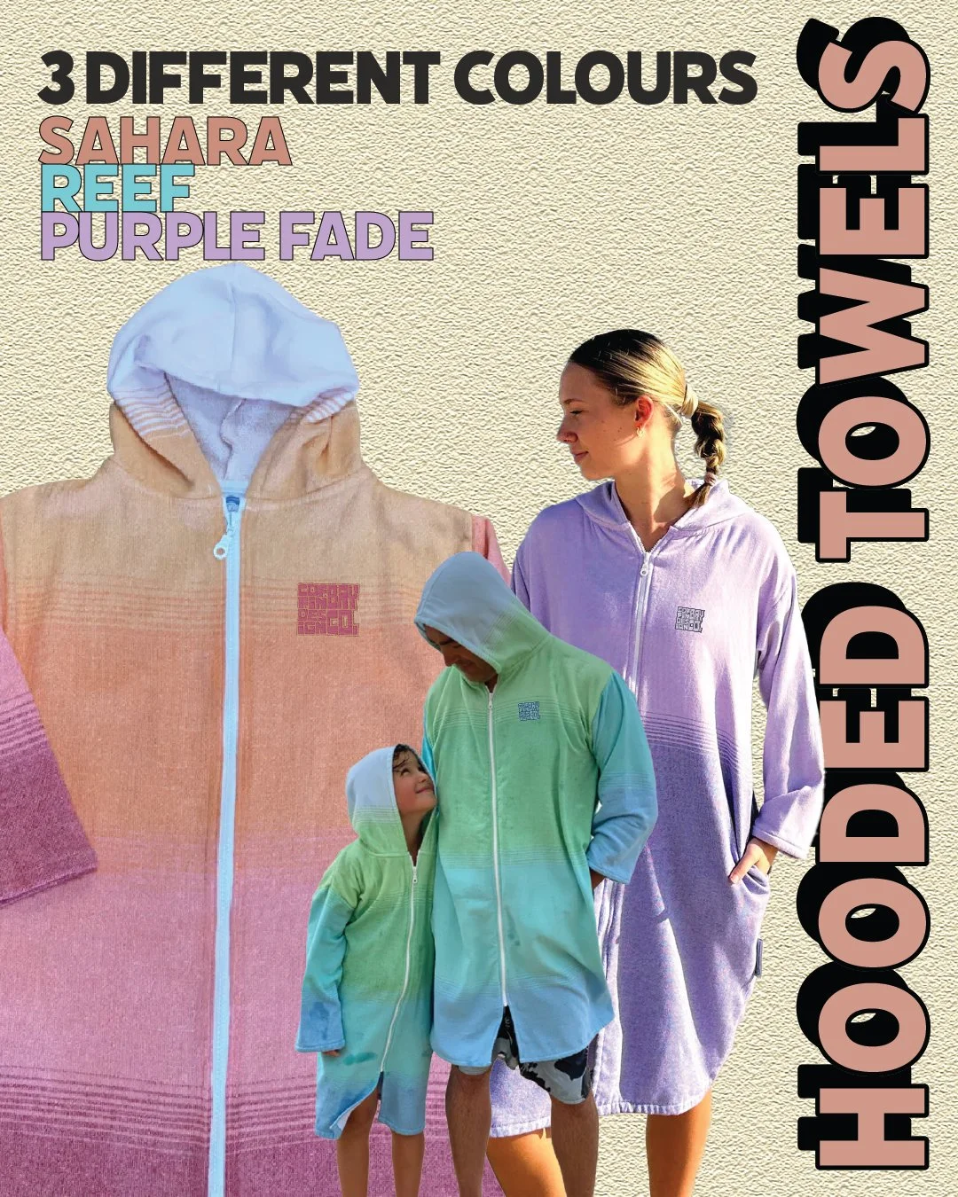 Hey it's been a while. We have been busy behind the scenes getting some new designs and products ready to go before summer. These Hooded zip towels are perfect for swimming lessons/Aquafit at Coffin Bay Swim Hub or a day at the beach.

PREORDER befor