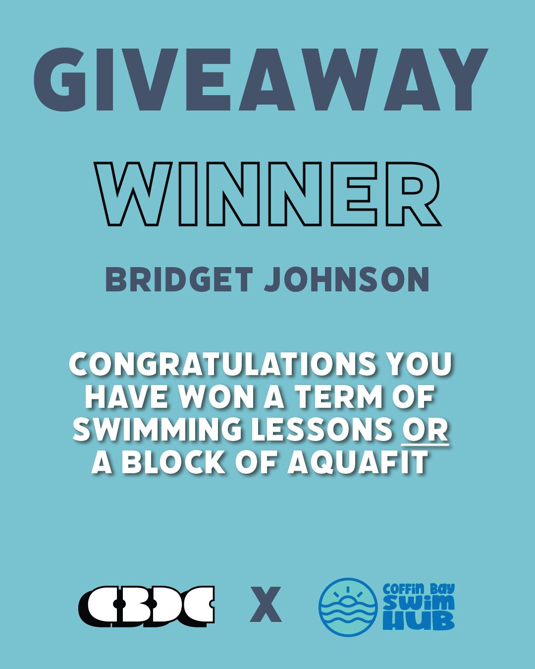 Congratulations Bridget! You have won a free term of swimming or a block of aquafit. Thank you for supporting Coffin Bay Design Co. Please message or email (coffinbaydesignco@gmail.com) to organise your prize.