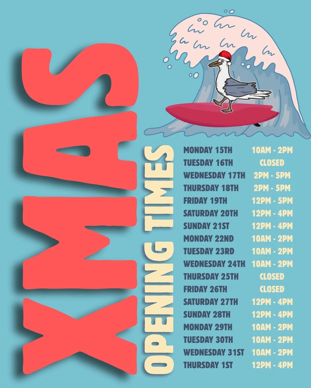 Here's when we'll be open over the xmas break. Closed tomorrow to go to the beach with family. Sorry, not sorry. Located next door to IGA. We have some new stock coming in very soon. We are also stocking some awesome locally made products from @2potc