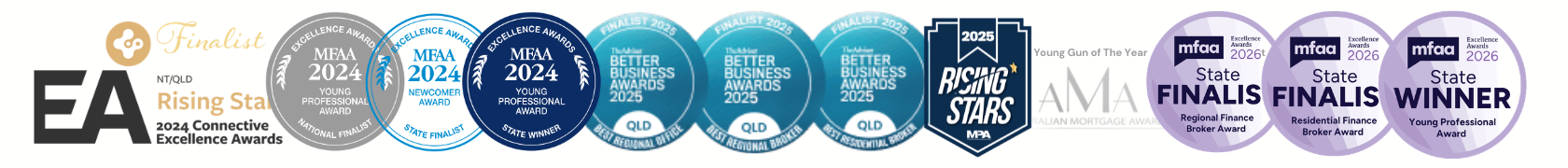 A series of award ribbons and badges related to the 2024, 2025 and 2026 Connective Excellence Awards, Young Professional of the Year 2024, Rising Stars 2025, finalist and winner titles, arranged in a row, award inning finanace company