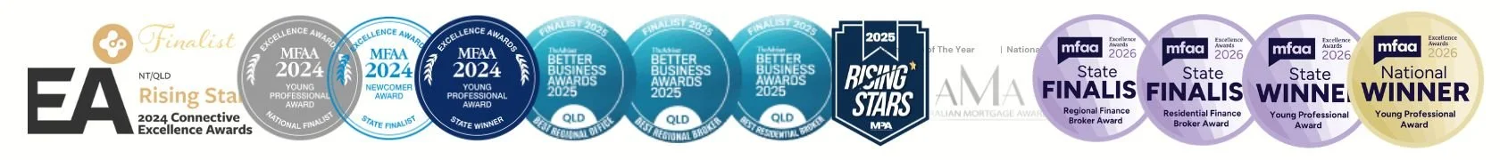 A series of award badges and logos celebrating the achievements of a company for the year 2024, 2025, and 2026. The awards include national and state finalist and winner titles from the Mortgage and Finance Association of Australia (MFAA) and the Mortgage & Finance Association of Australia (MFAA). The badges are color-coded with gold, silver, and purple tones and feature text indicating the specific awards and years.