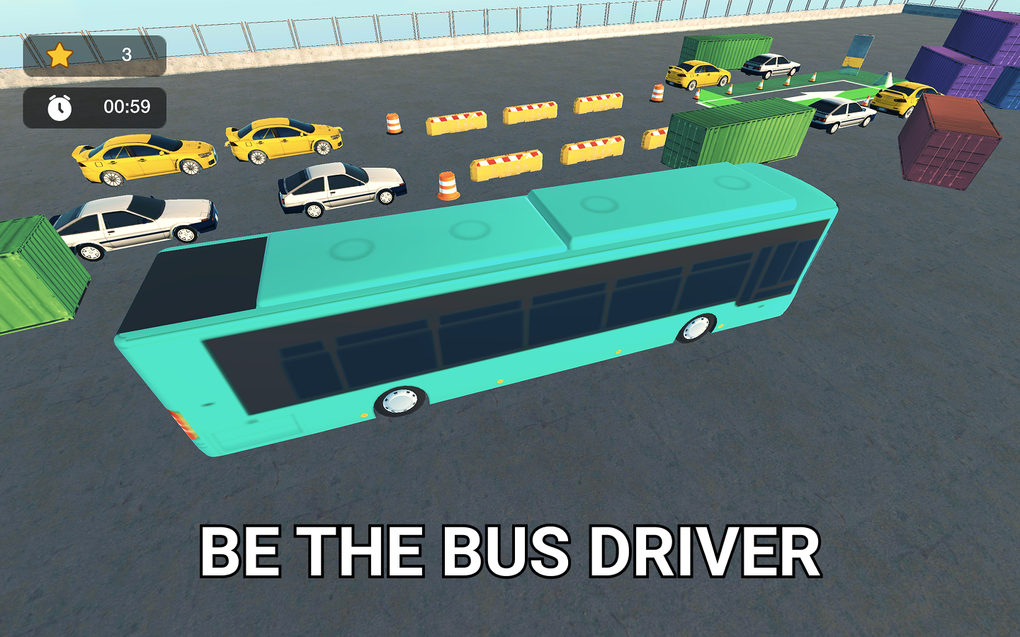 A virtual bus driving simulation scene showing a large teal bus on a road filled with various cars and cargo containers, with traffic cones and barriers. The screen displays a timer, score, and a prompt to be the bus driver.