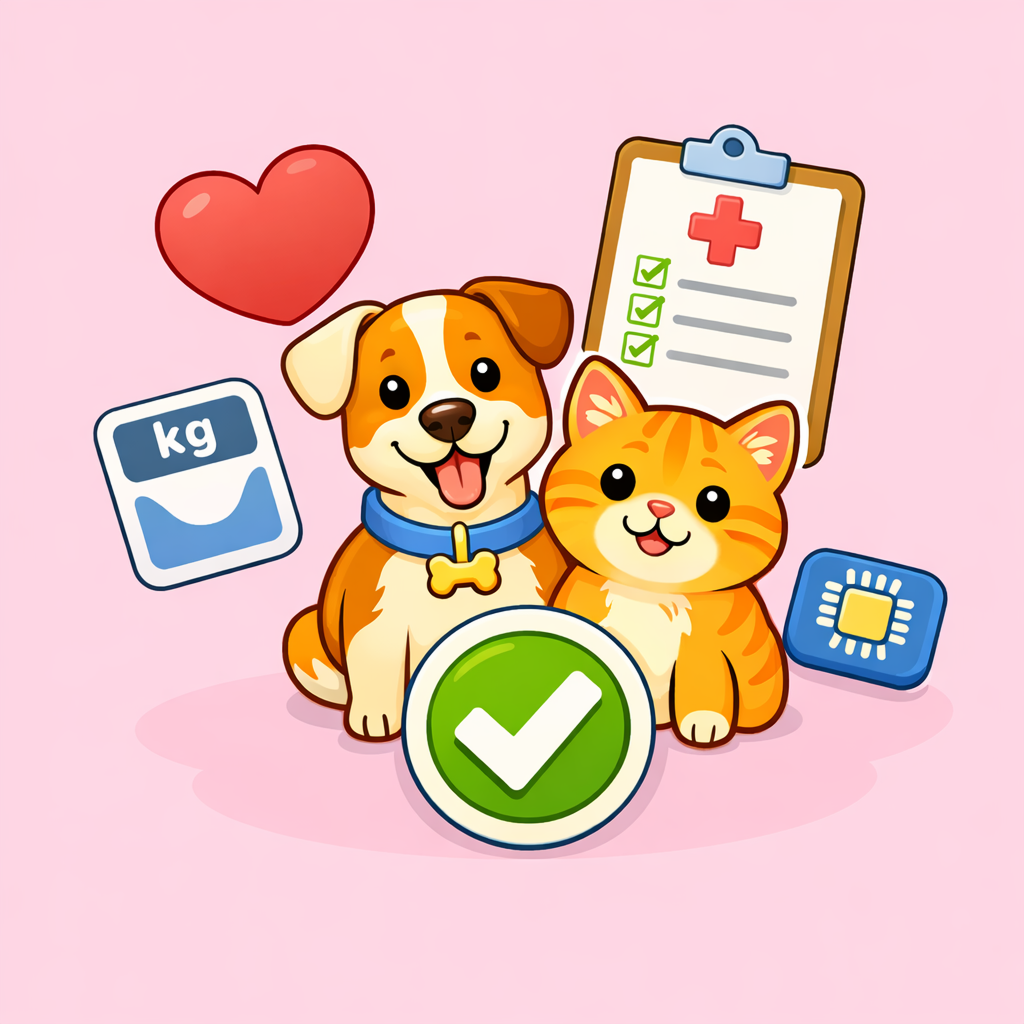 Cartoon dog and cat with health-related icons, a clipboard with a red cross, checkmarks, a heart, and icons indicating weight and temperature, on a pink background.