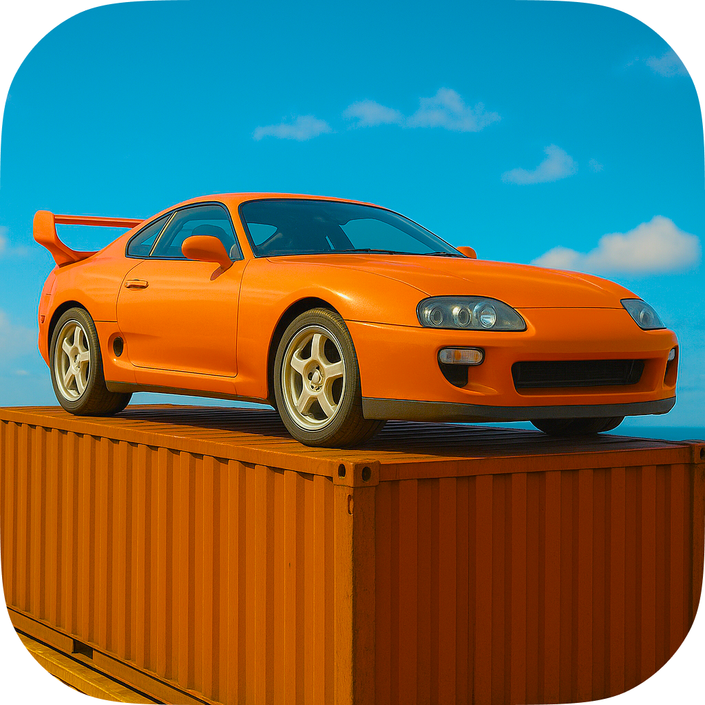 An orange sports car with a rear spoiler is placed on a large orange shipping container under a bright blue sky with some clouds.