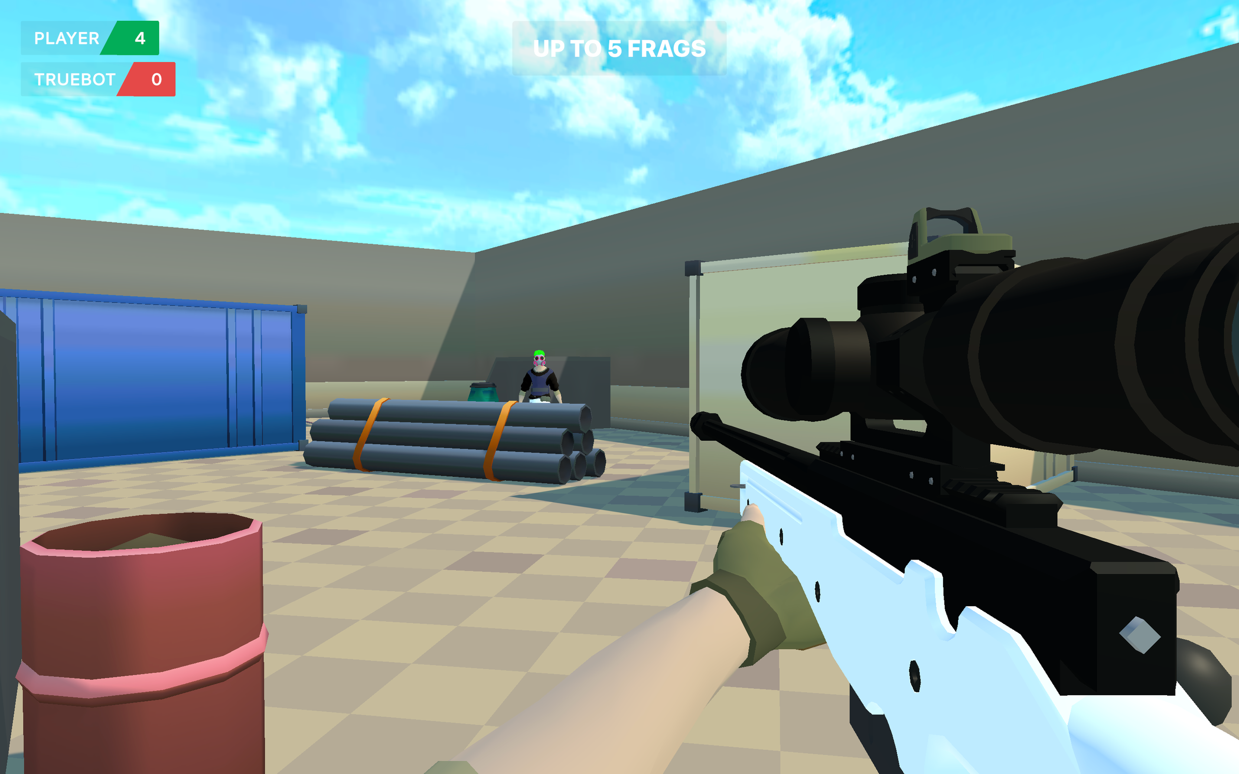 First-person view of a shooter game with a scoped rifle aimed at an enemy character standing behind barricades set up with metal pipes, in an outdoor shooting range setting with blue sky and clouds.