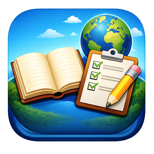 Open book, clipboard with checkmarks, pencil, globe, blue sky with clouds, and green landscape