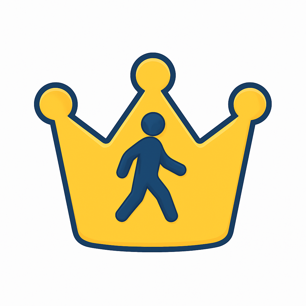 Stylized yellow crown with a blue walking person in the center.