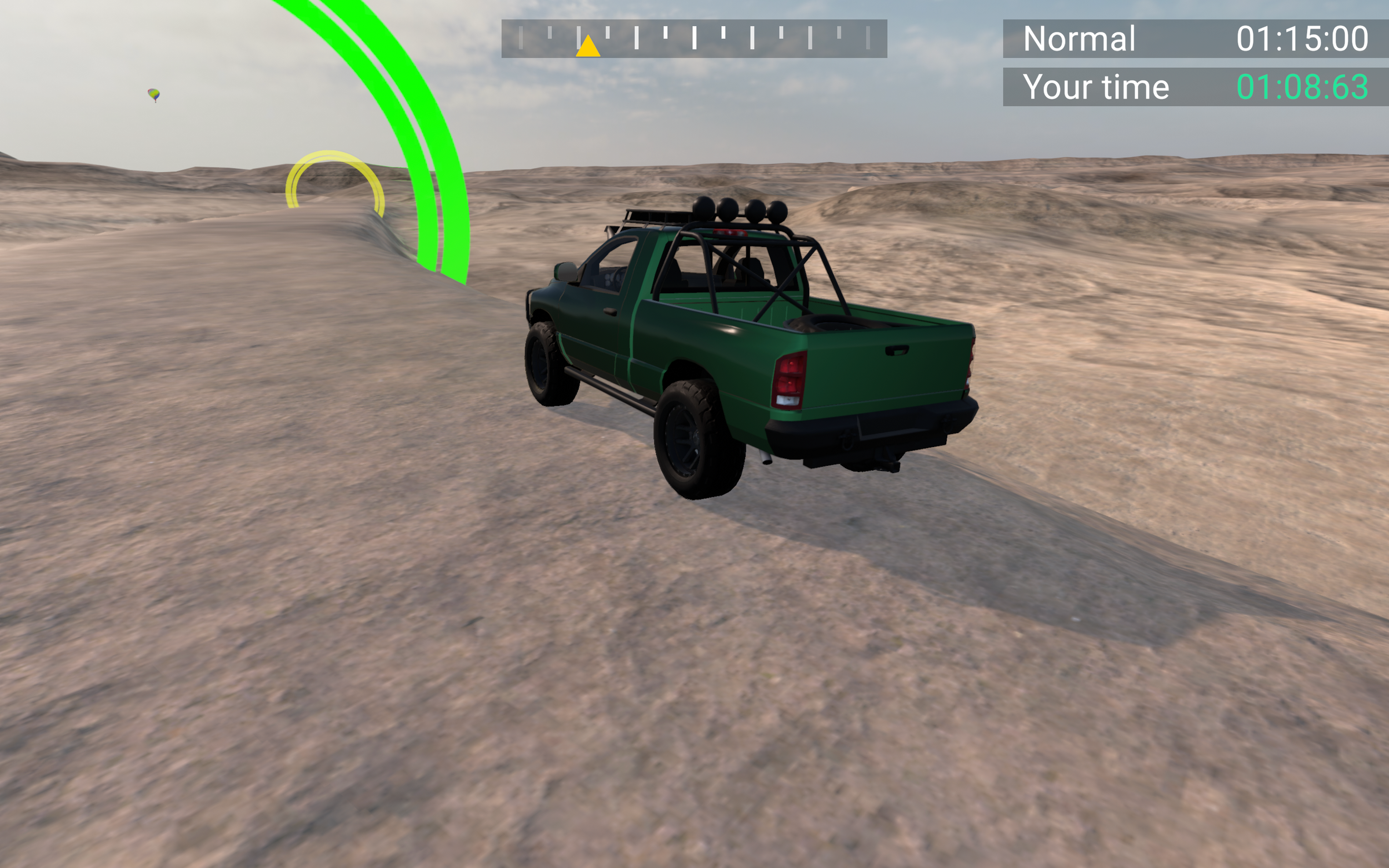 A green off-road pickup truck driving on a rocky, desert terrain with a digital HUD overlay showing speed, time, and a radar indicating nearby objects or obstacles.