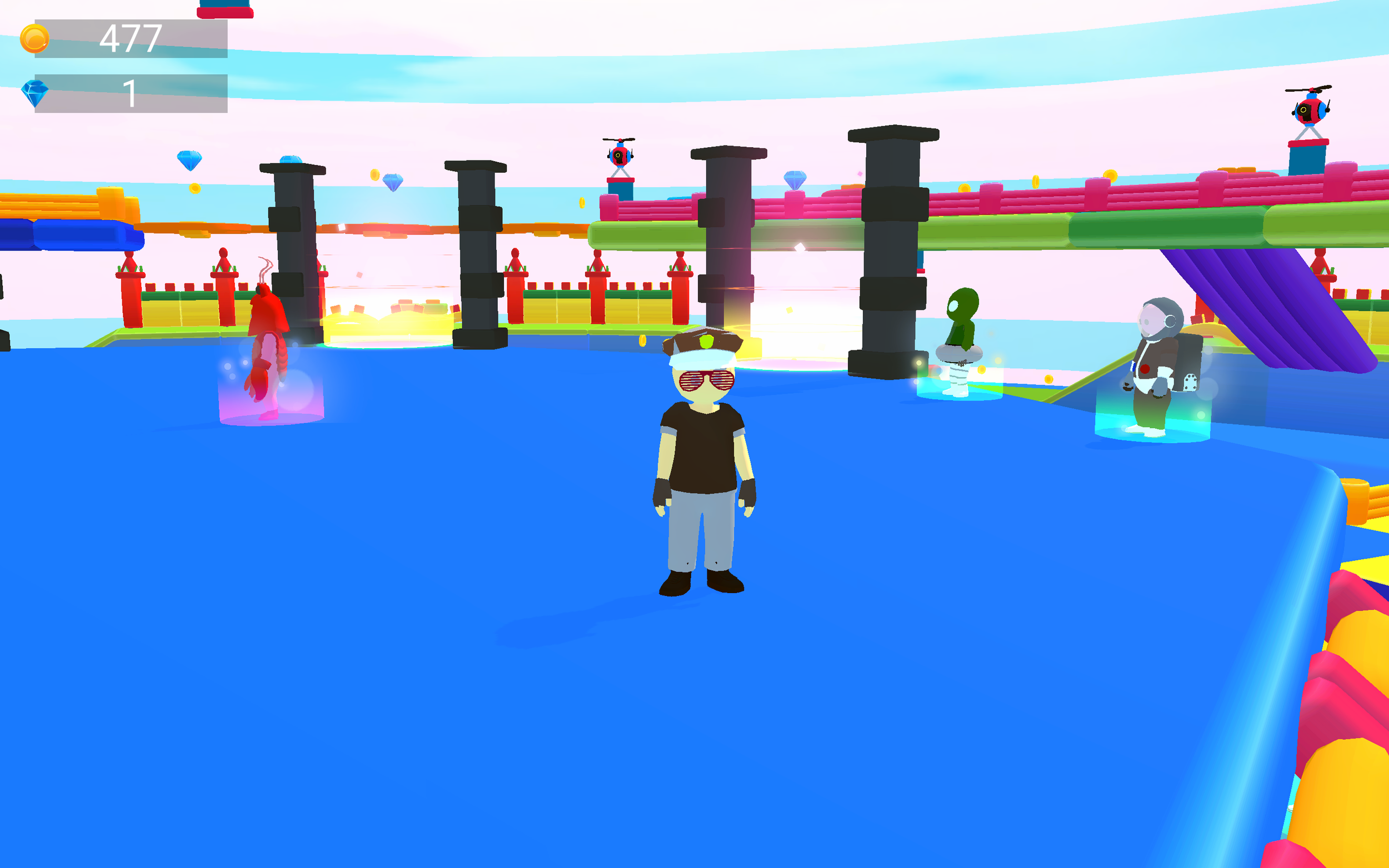 Virtual avatar with black shirt, gray pants, and sunglasses in a colorful video game environment with floating characters and structures.