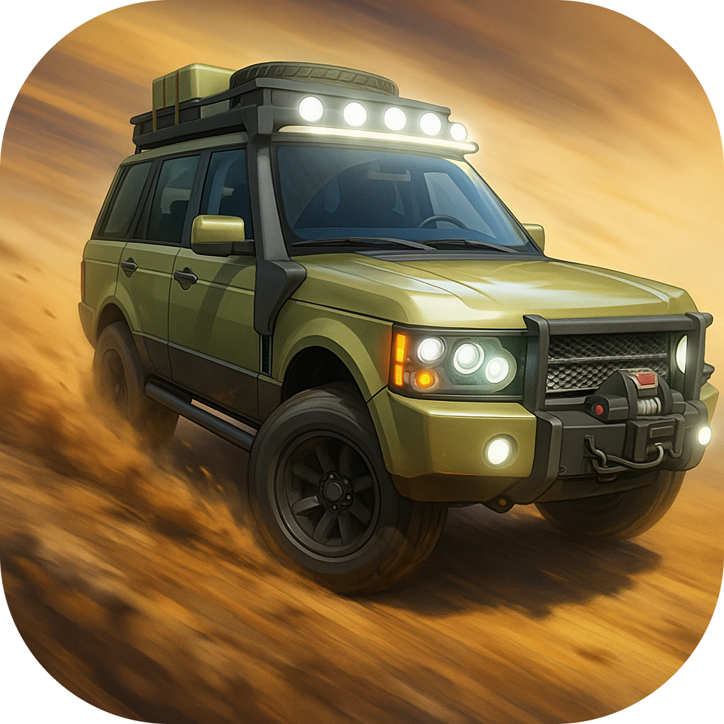 An animated green off-road vehicle driving through a desert landscape at sunset.