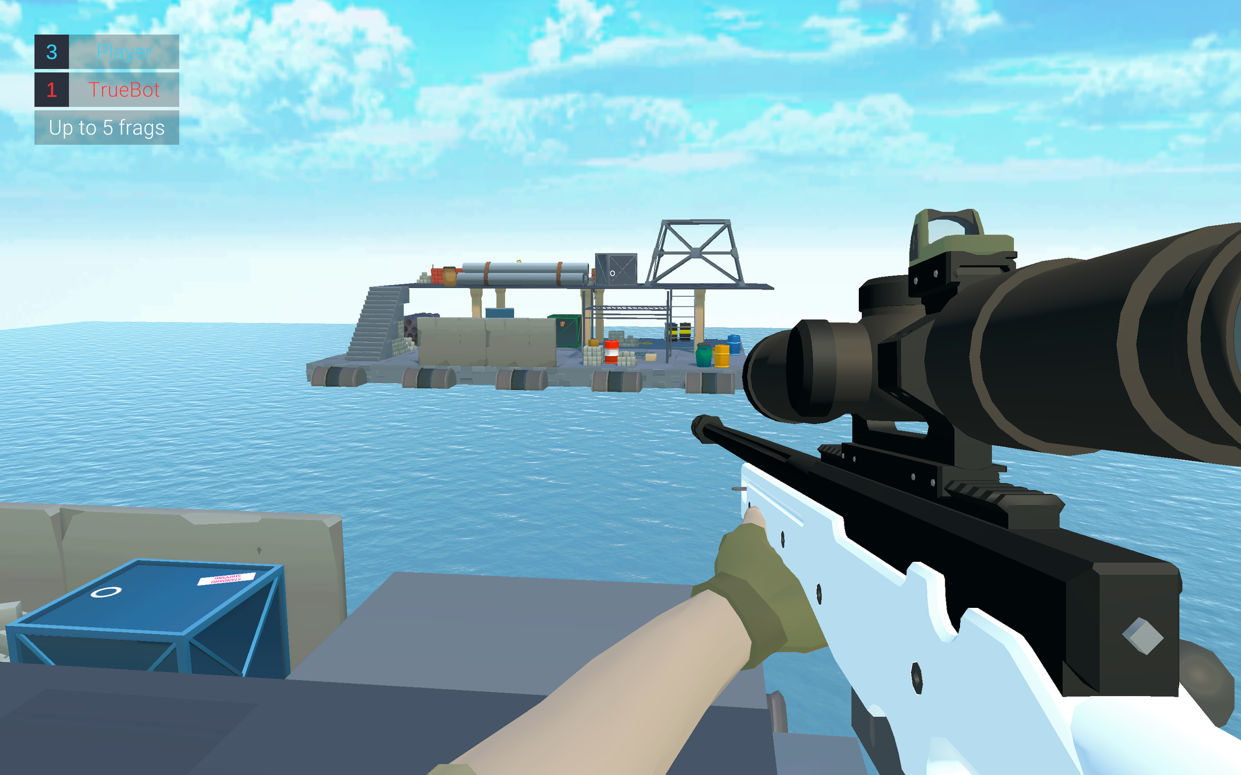 First-person view of a sniper aiming at a military-style boat with a mounted scope on a calm ocean during daytime.