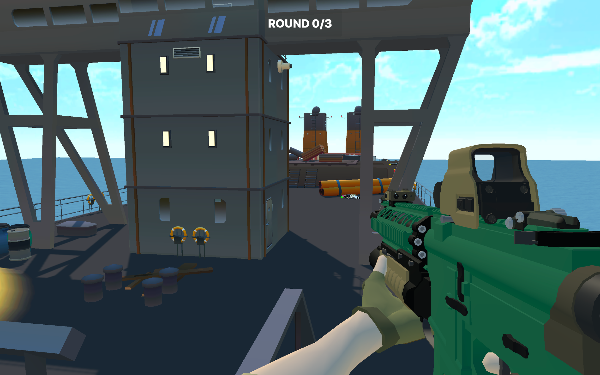 In a first-person shooter video game, the player holds a green rifle on a ship's deck, aiming at a nearby structure. The game screen displays 'ROUND 0/3' at the top, and an ocean is visible in the background.