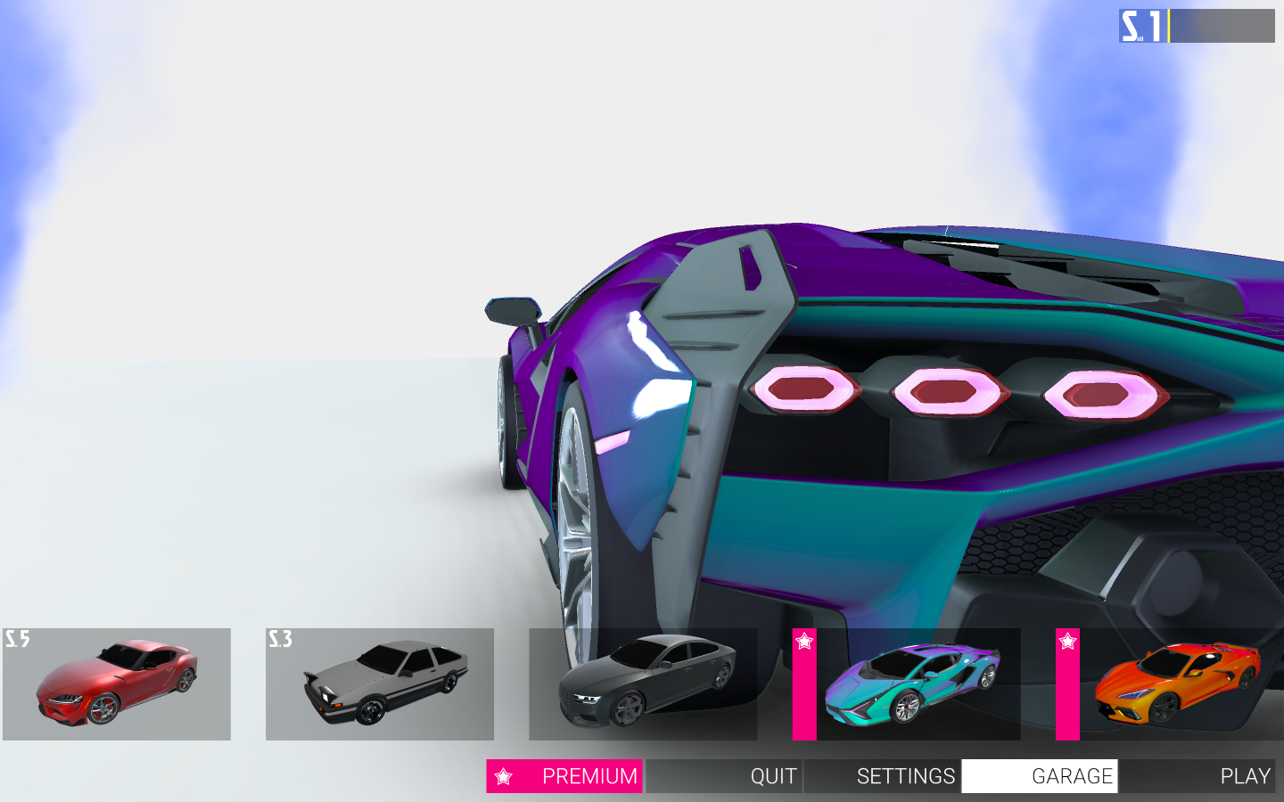 In the image, a purple sports car is displayed in a virtual garage setting, with a selection of different cars shown in small thumbnail images at the bottom of the screen.