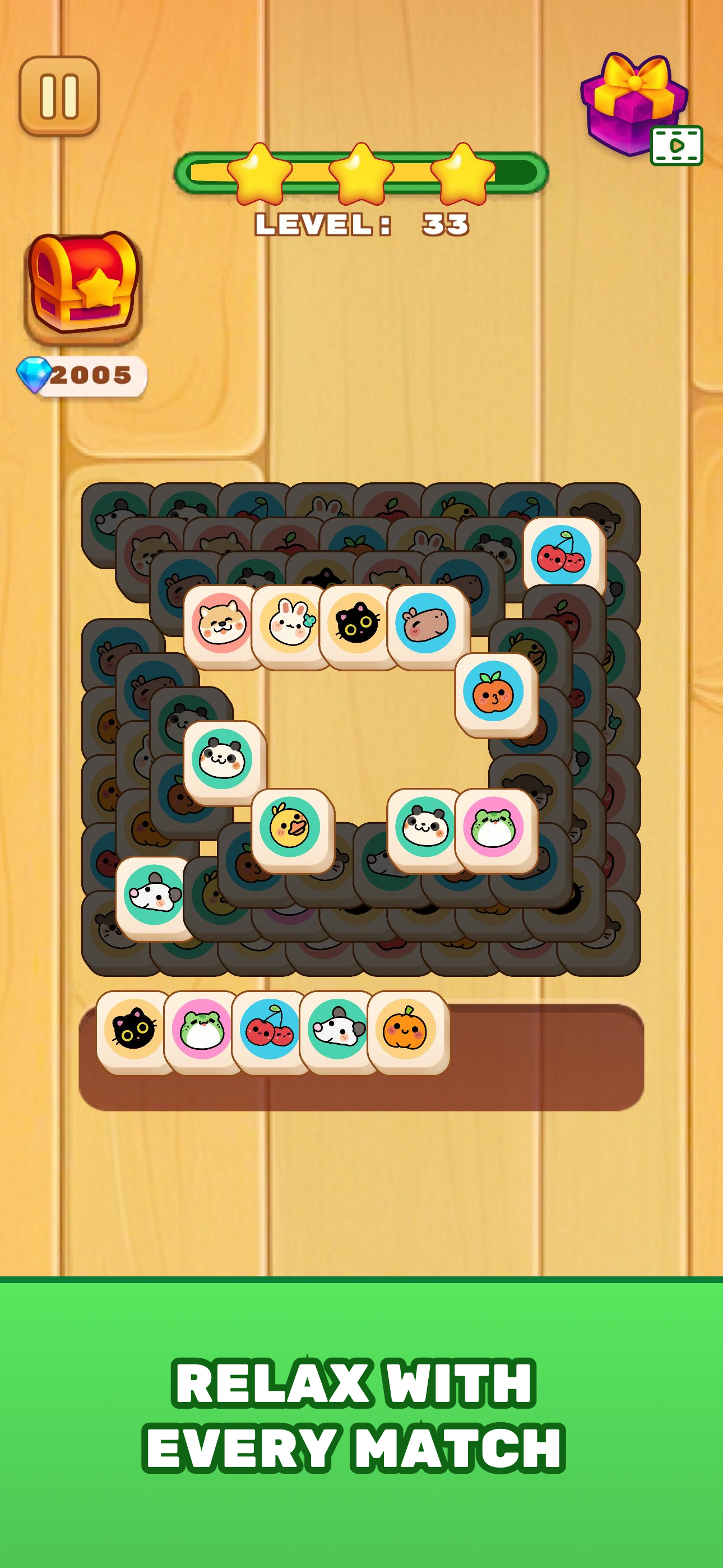 A puzzle game screen with animal-themed tiles, some matched and some available for matching. The game features a wooden background and a green button at the bottom with the text 'Relax with Every Match.'