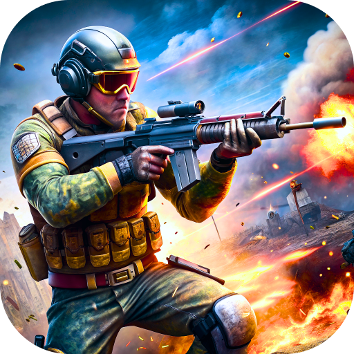 A soldier in combat gear firing a rifle amidst an explosion, with smoke and debris in the background.