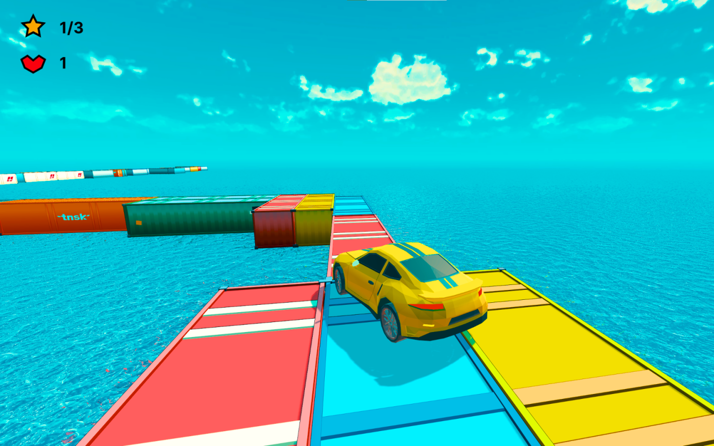 A 3D video game scene of a yellow sports car driving on a colorful floating platform over a blue ocean with a cloudy sky, with a game HUD showing one star earned and one health point.