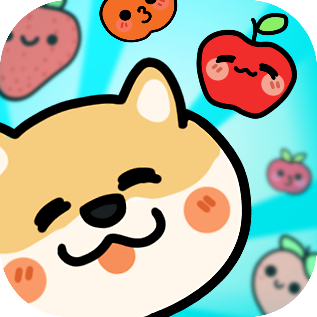 Cute cartoon Shiba Inu dog with rosy cheeks smiling, surrounded by animated strawberries and cherries with smiling faces on a bright blue background.