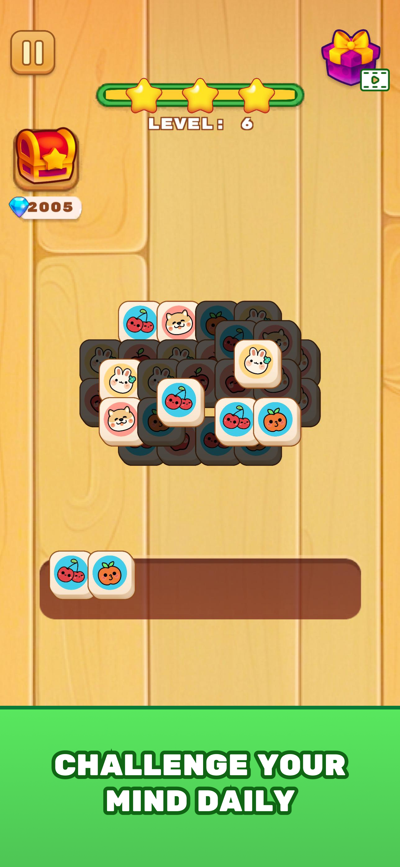 A mobile puzzle game screen with colorful animal tiles featuring cherries, a bunny, a bear, a cat, and an orange fruit, on a wooden desk background. The game level is 6, with three stars earned at the top, and a treasure chest icon with 2005 gems on the left. There is a green banner at the bottom with the text 'CHALLENGE YOUR MIND DAILY'.