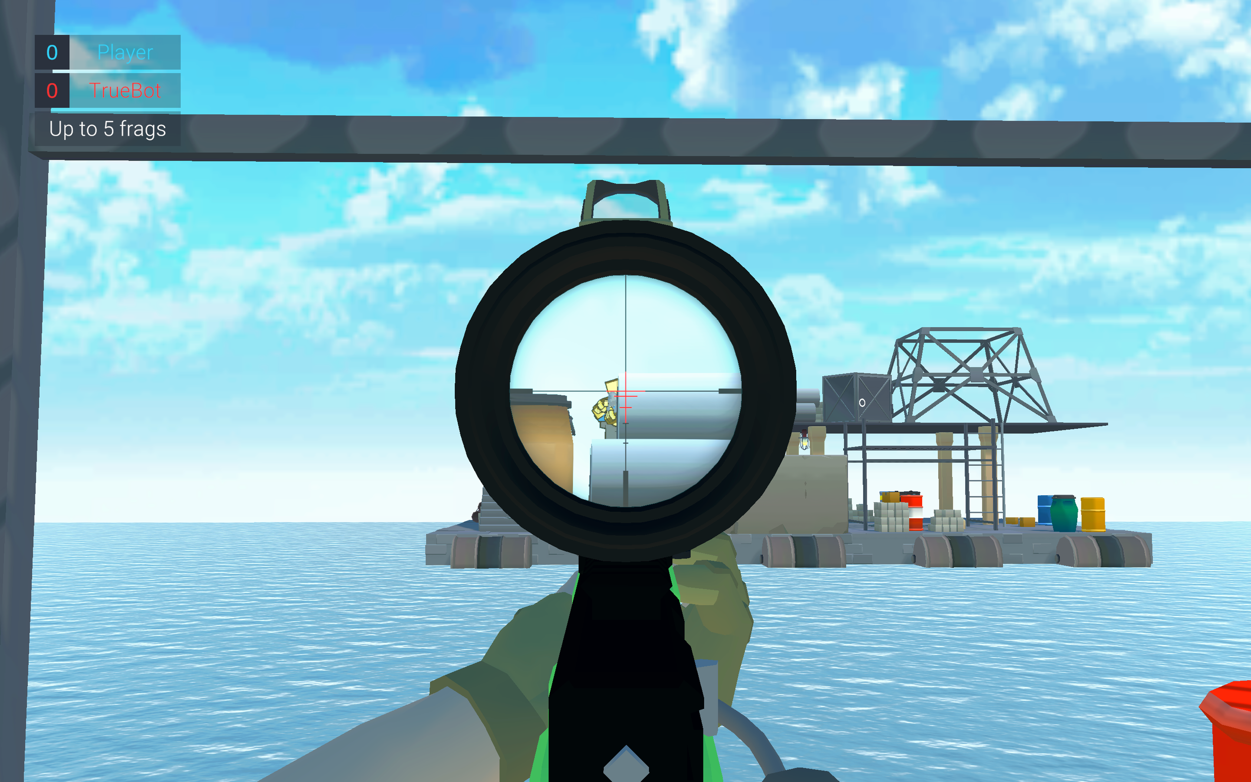 Virtual screenshot of a first-person shooter game showing a player aiming a scoped weapon at an enemy on a floating platform over water, with bright sky and clouds in the background.