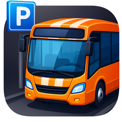 An orange bus parked in a parking lot next to a blue parking sign.