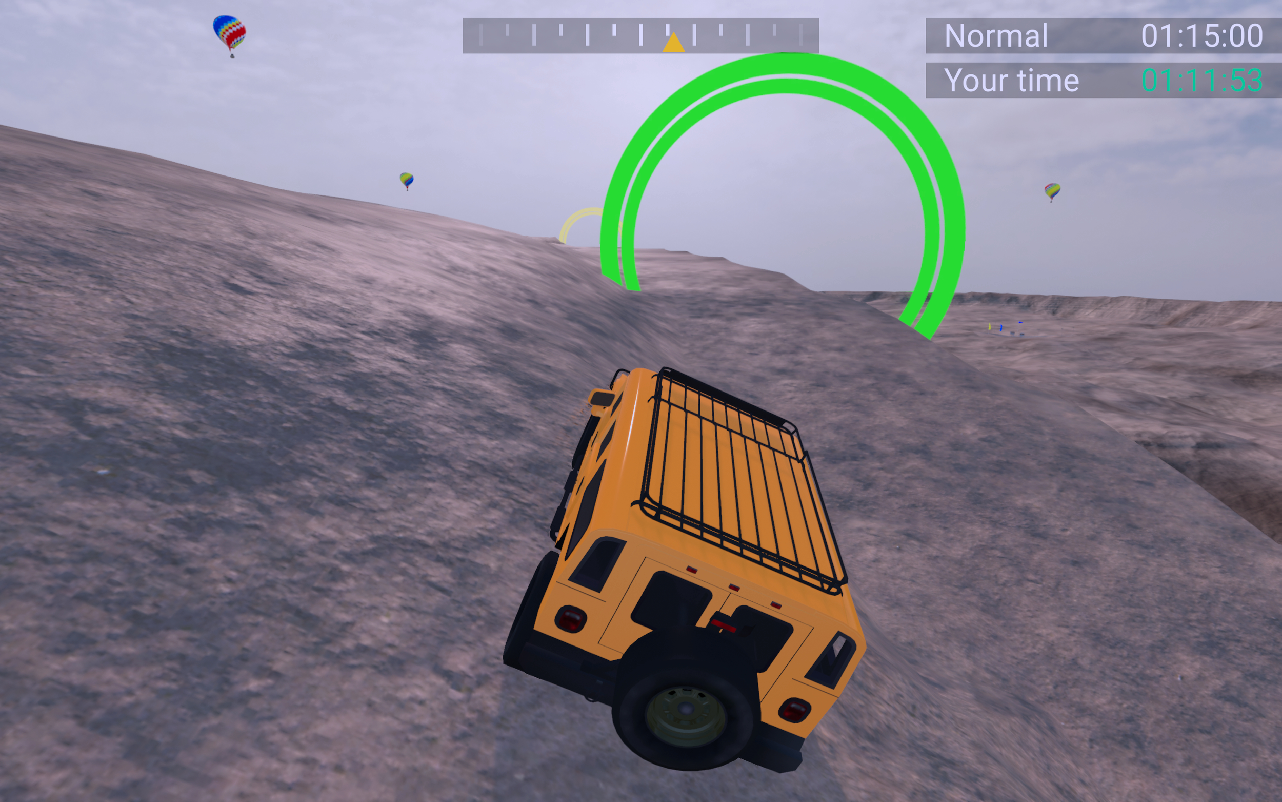 A yellow jeep driving on a rocky, mountainous terrain with hot air balloons in the sky and a green gauge overlay in a video game interface.
