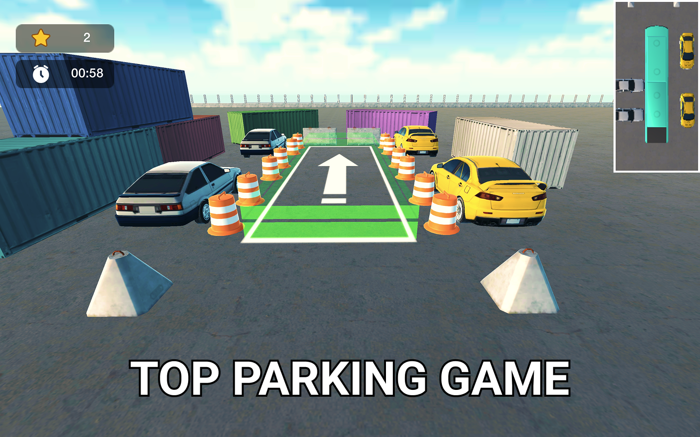 Digital screenshot of a parking simulation game titled 'Top Parking Game'. The scene shows cars in a parking lot with cones and barriers, and a designated parking space with an arrow pointing forward, indicating the parking direction.