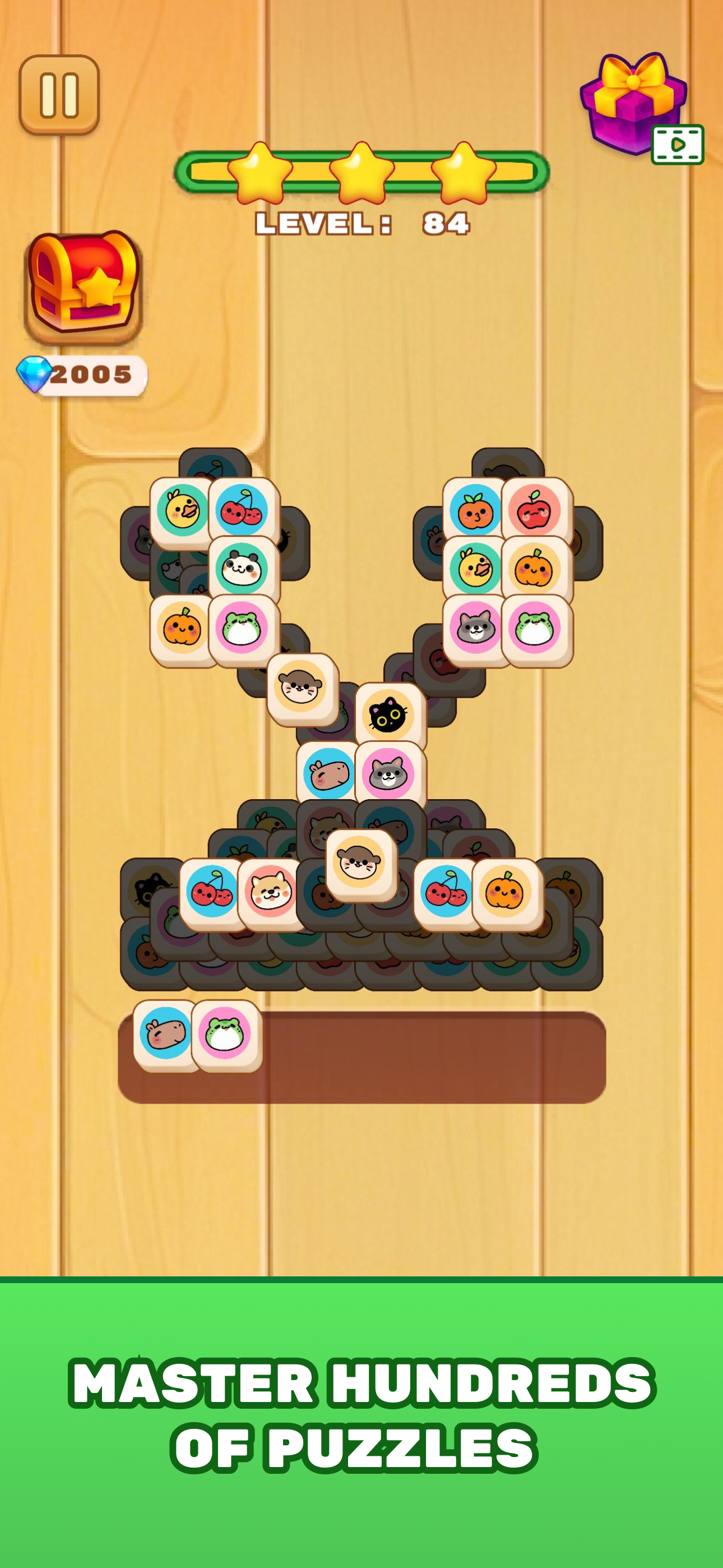 A mobile puzzle game showing a heart-shaped arrangement of animal-themed tiles on a wooden background, with a level indicator at 84 and a progress bar with three stars filled.