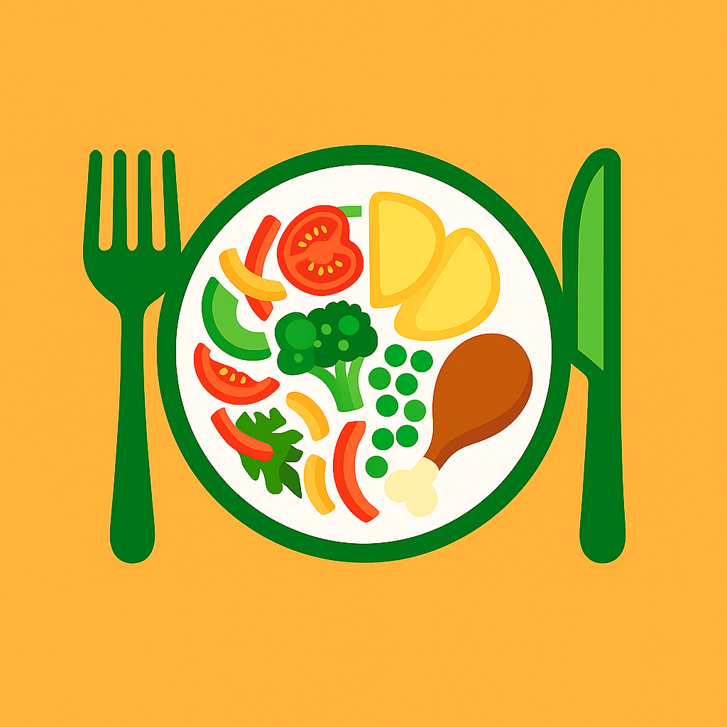 Illustration of a plate with vegetables, lemon wedges, and chicken drumstick, set on a yellow background with green utensils on each side.