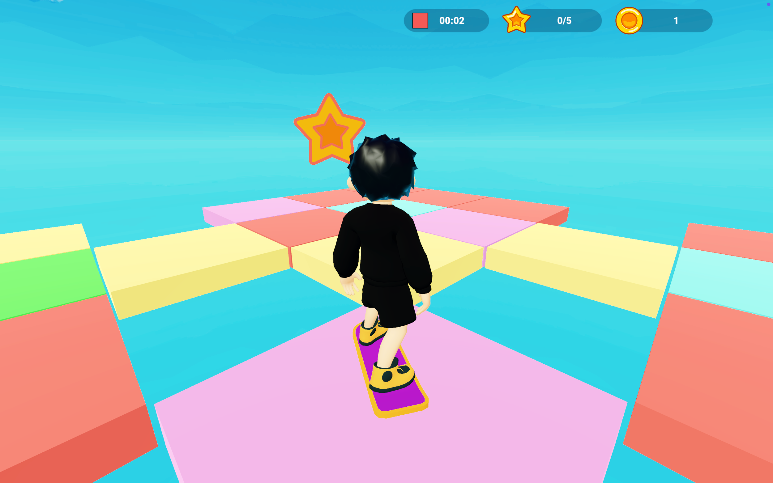 A character riding a skateboard on a colorful, block-like 3D platform in a video game. The platform consists of pink, yellow, and blue tiles, with a star target in the distance. The game interface shows a timer, star counter, and coin count at the top of the screen.