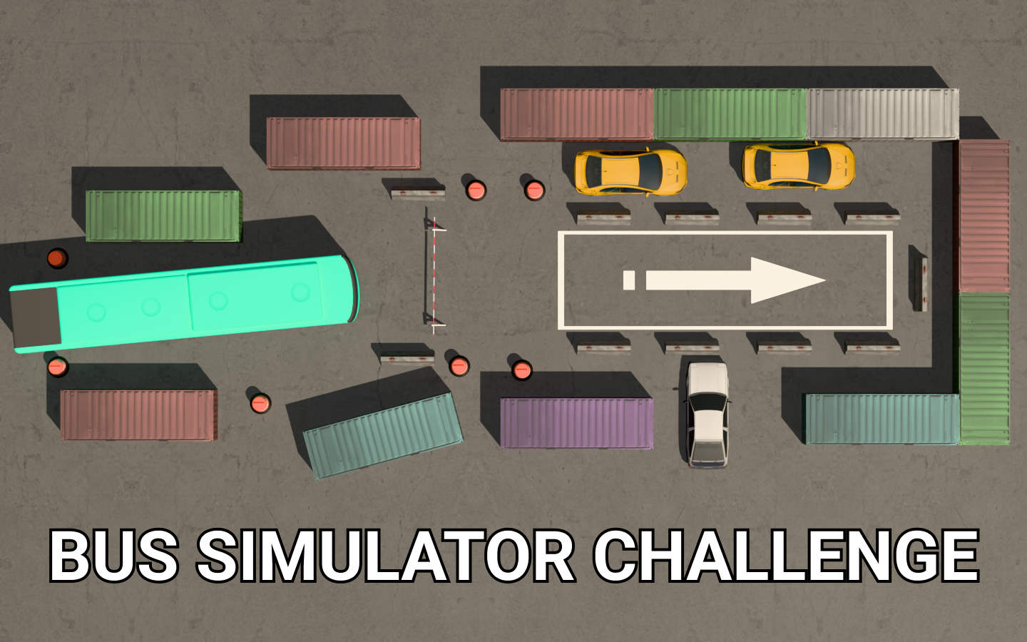 A bus and cars waiting behind a barrier in a driving simulation area with containers forming a rectangular boundary, titled 'Bus Simulator Challenge' at the bottom.