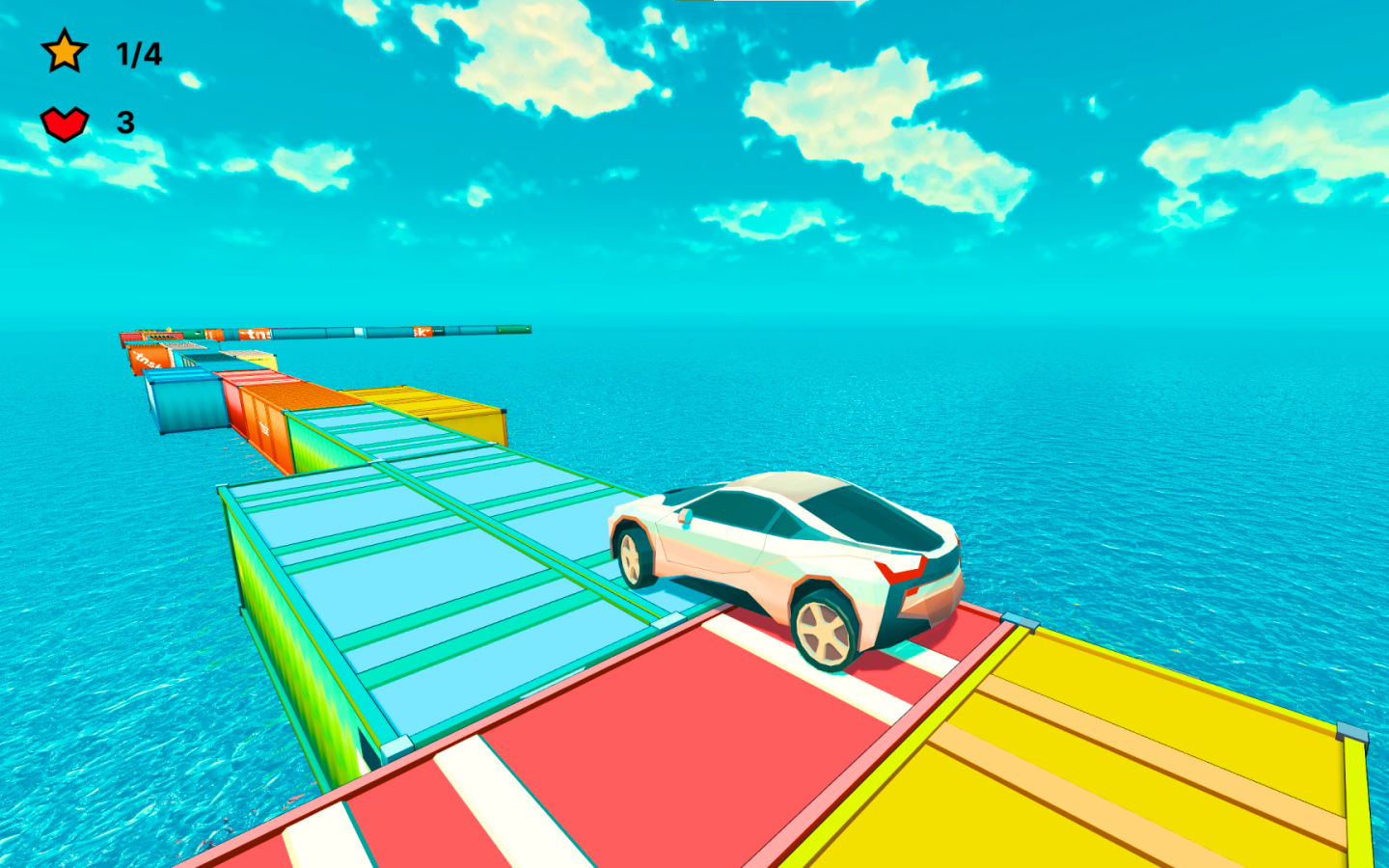 A video game scene featuring a white sports car on a multicolored, floating bridge over water with a blue sky and clouds, displaying game-related icons and counters in the top left corner.