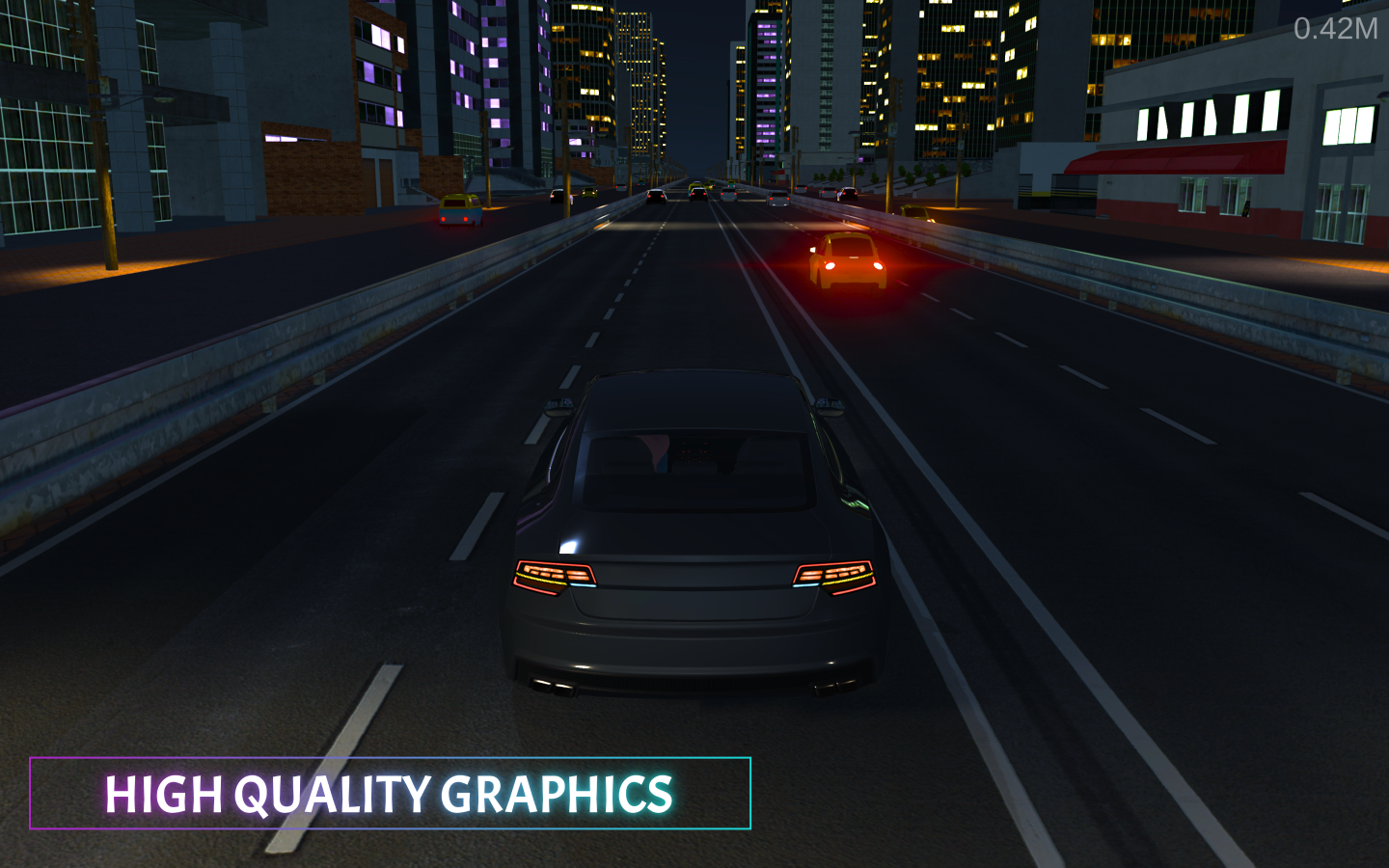 Nighttime city street with cars driving, tall buildings with lit windows, and streetlights illuminating the scene, featuring a sleek black car in the foreground.